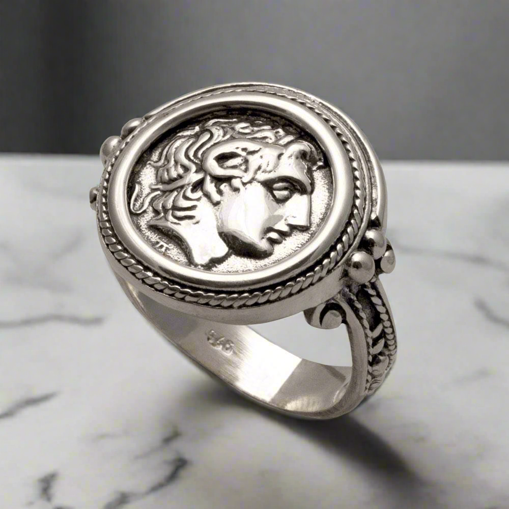 Alexander the Great Portrait Coin Ring in Sterling Silver, Ancient Coin Ring (DT-108)