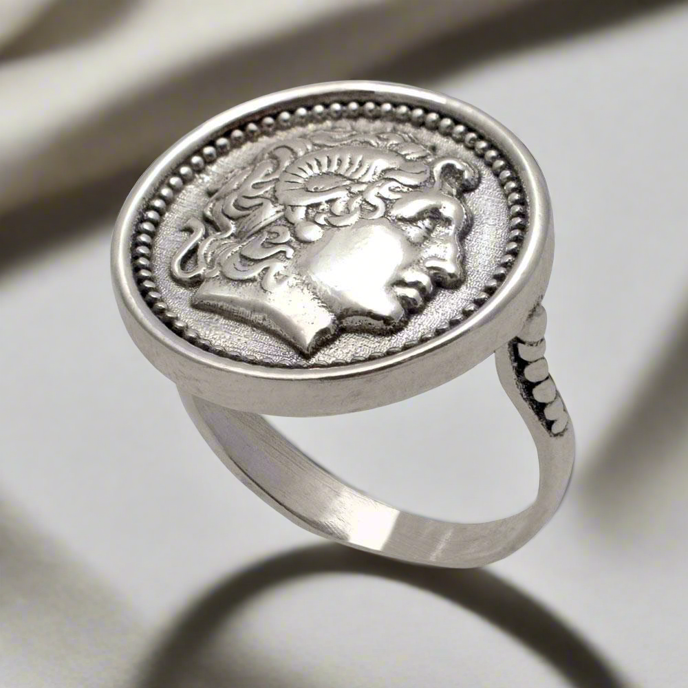 Alexander the Great Portrait Coin Ring in Sterling Silver, Ancient Coin Ring (DT-109)