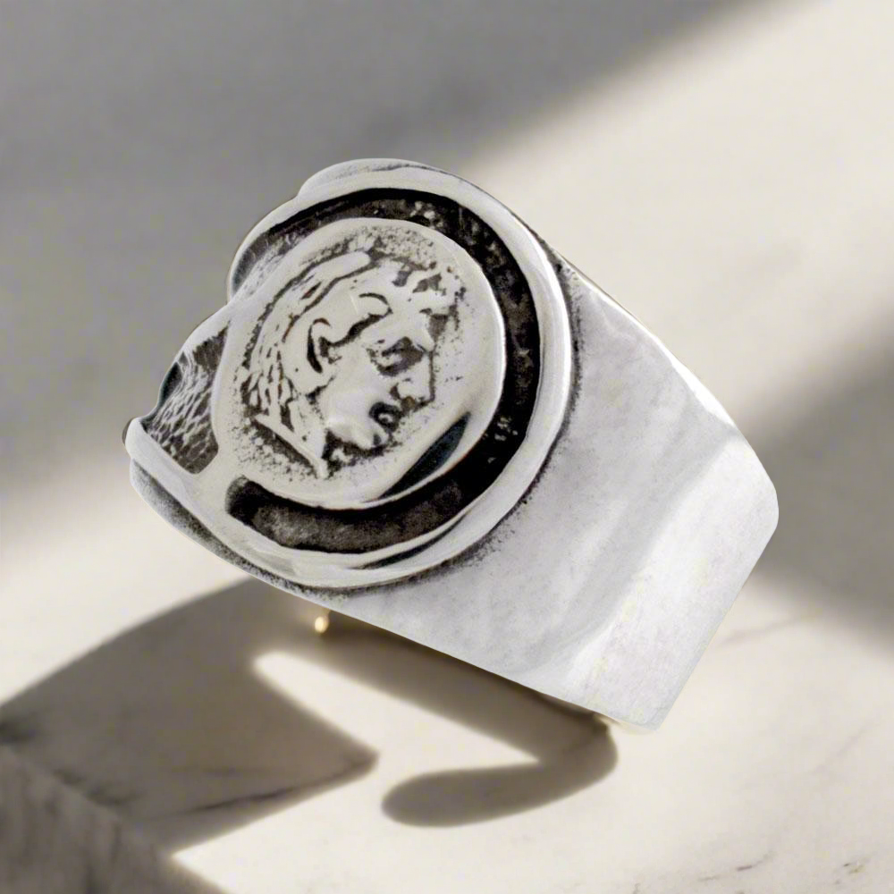 Alexander the Great Portrait Coin Ring in Sterling Silver, Ancient Coin Ring (DT-110)