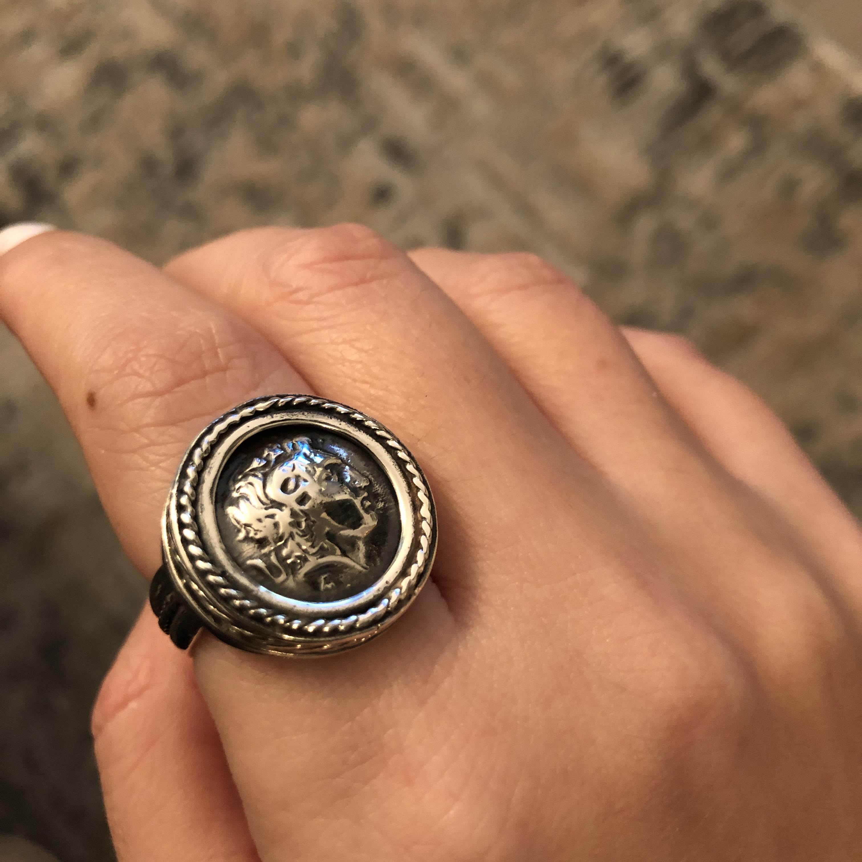 Alexander the Great Portrait Coin Ring in Sterling Silver, Ancient Coin Ring (DT-114)