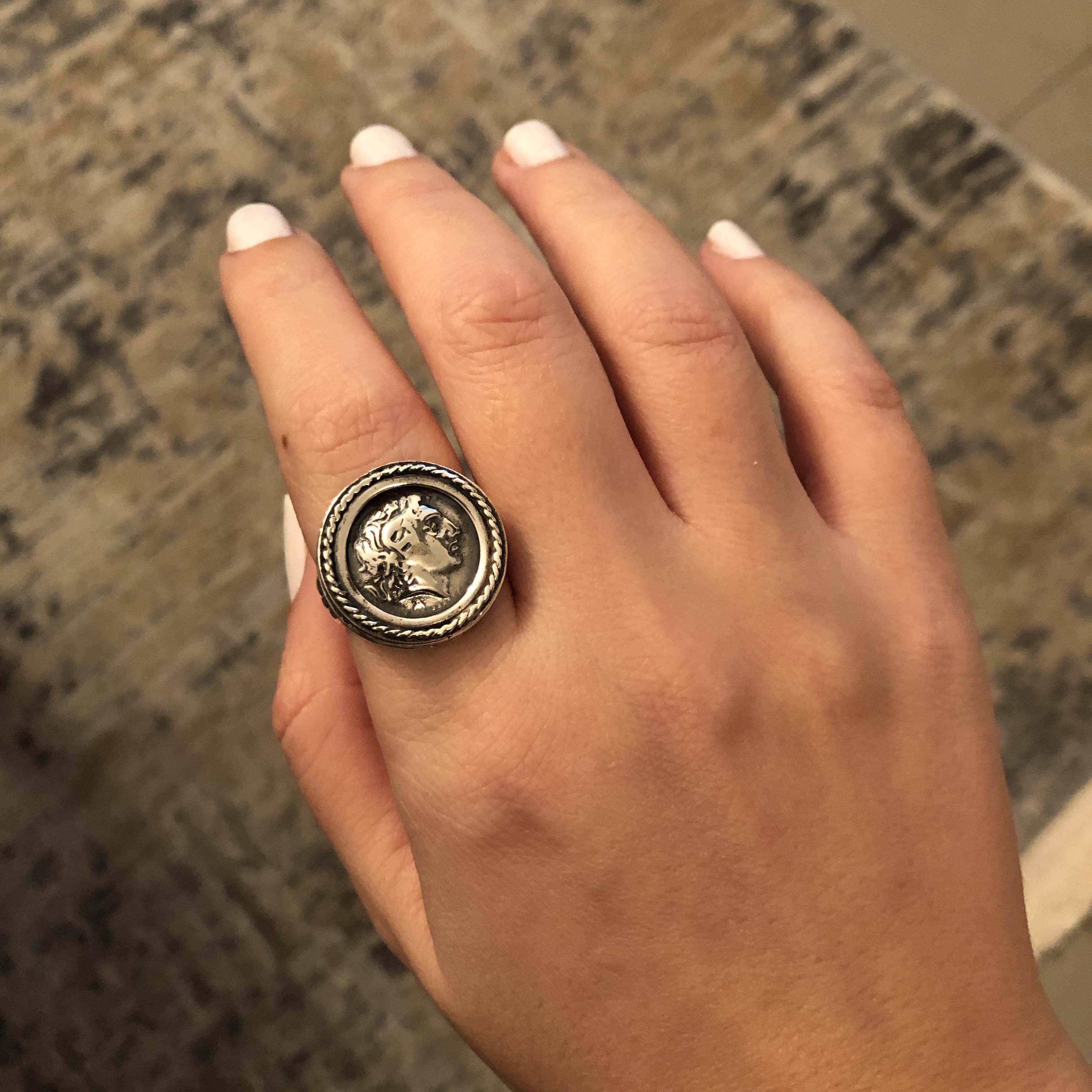 Alexander the Great Portrait Coin Ring in Sterling Silver, Ancient Coin Ring (DT-114)