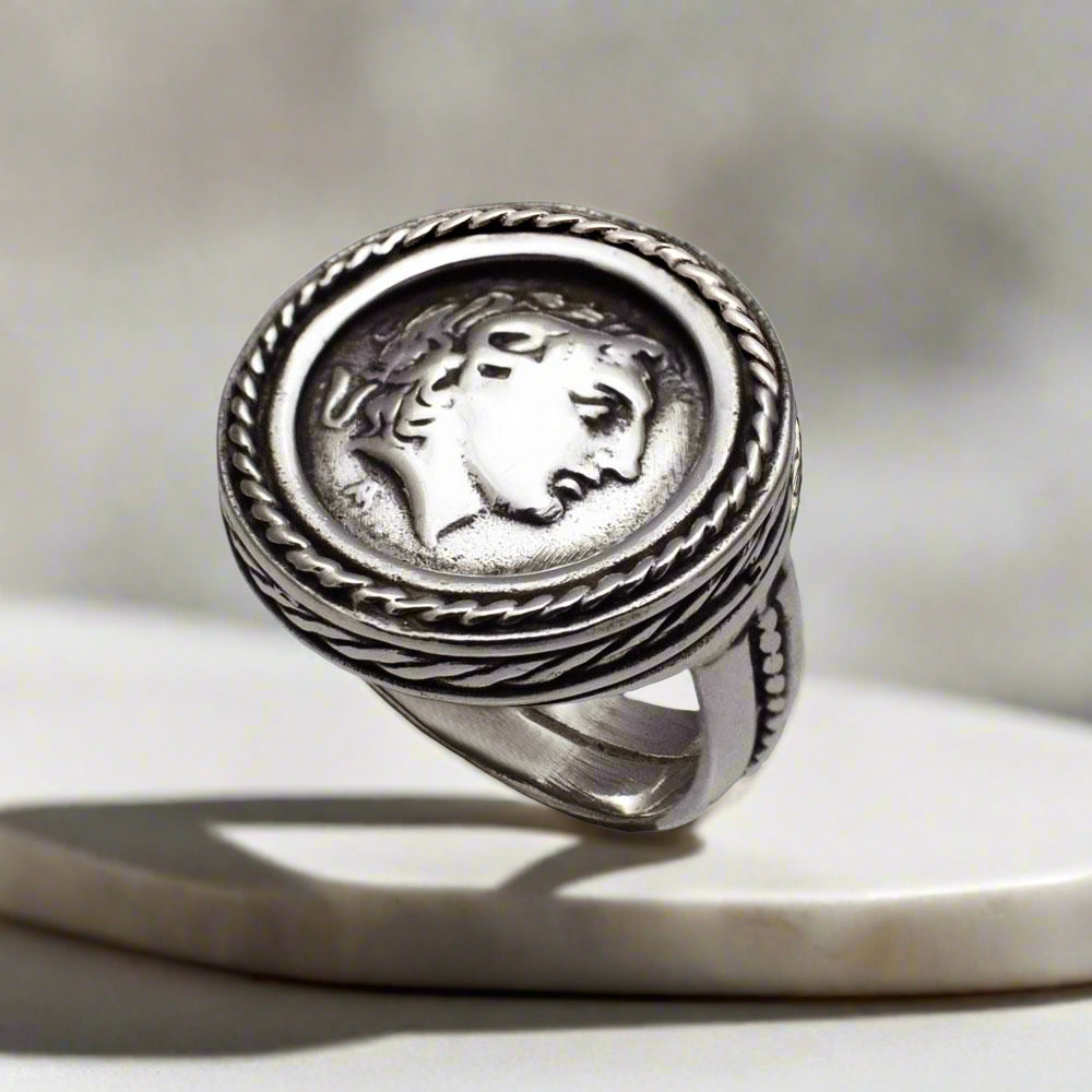 Alexander the Great Portrait Coin Ring in Sterling Silver, Ancient Coin Ring (DT-114)