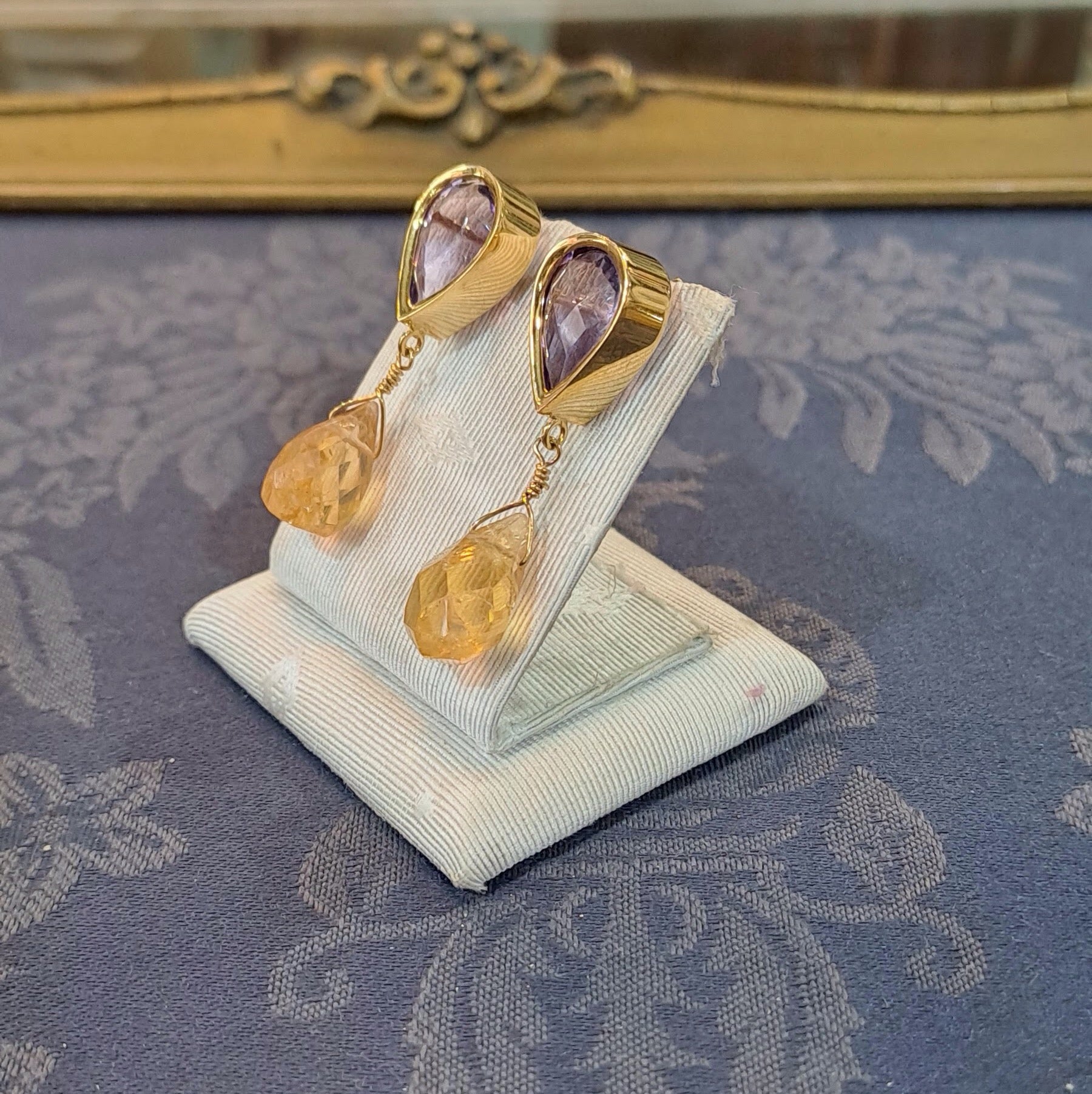 Amethyst & Citrine 18k gold earrings, one of a kind, Fine earrings, Handmade earrings, Greek Jewelry