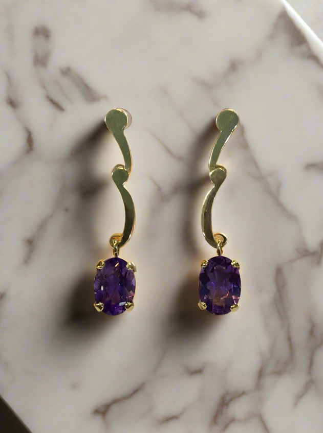 Amethyst oval faceted cutaneous 18k gold earrings, one of a kind, Fine earrings, Handmade earrings, Greek Jewelry