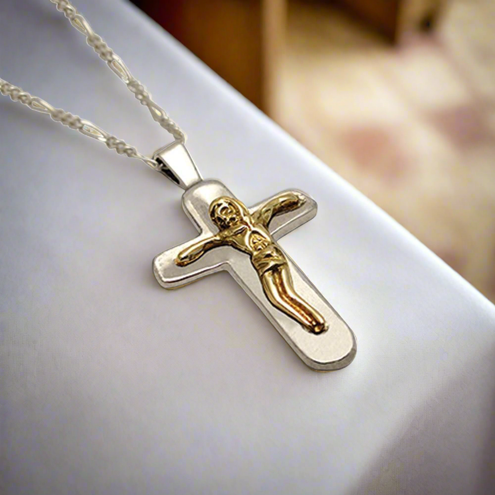 Christening Cross 925 Sterling Silver with 14k Gold Elements (STS-01)