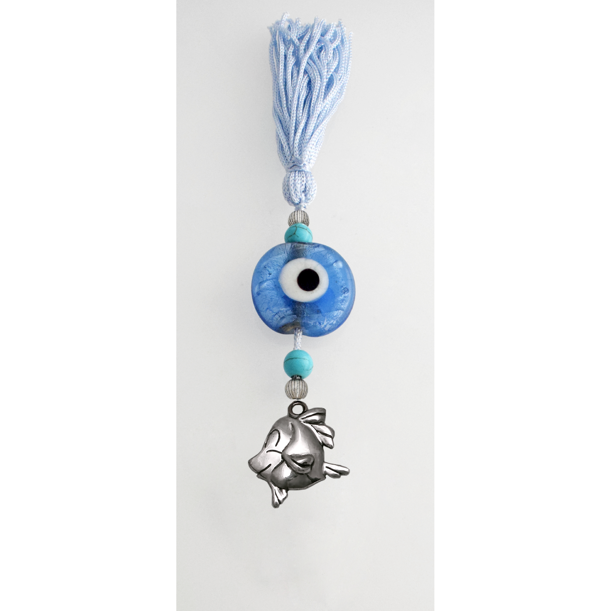 Evil Eye Charm on a tassel, House decoration, holiday decor, welcome gift, silver charm, Baby Fish Charm