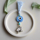 Evil Eye Charm on a tassel, House decoration, holiday decor, welcome gift, silver charm, Baby Fish Charm