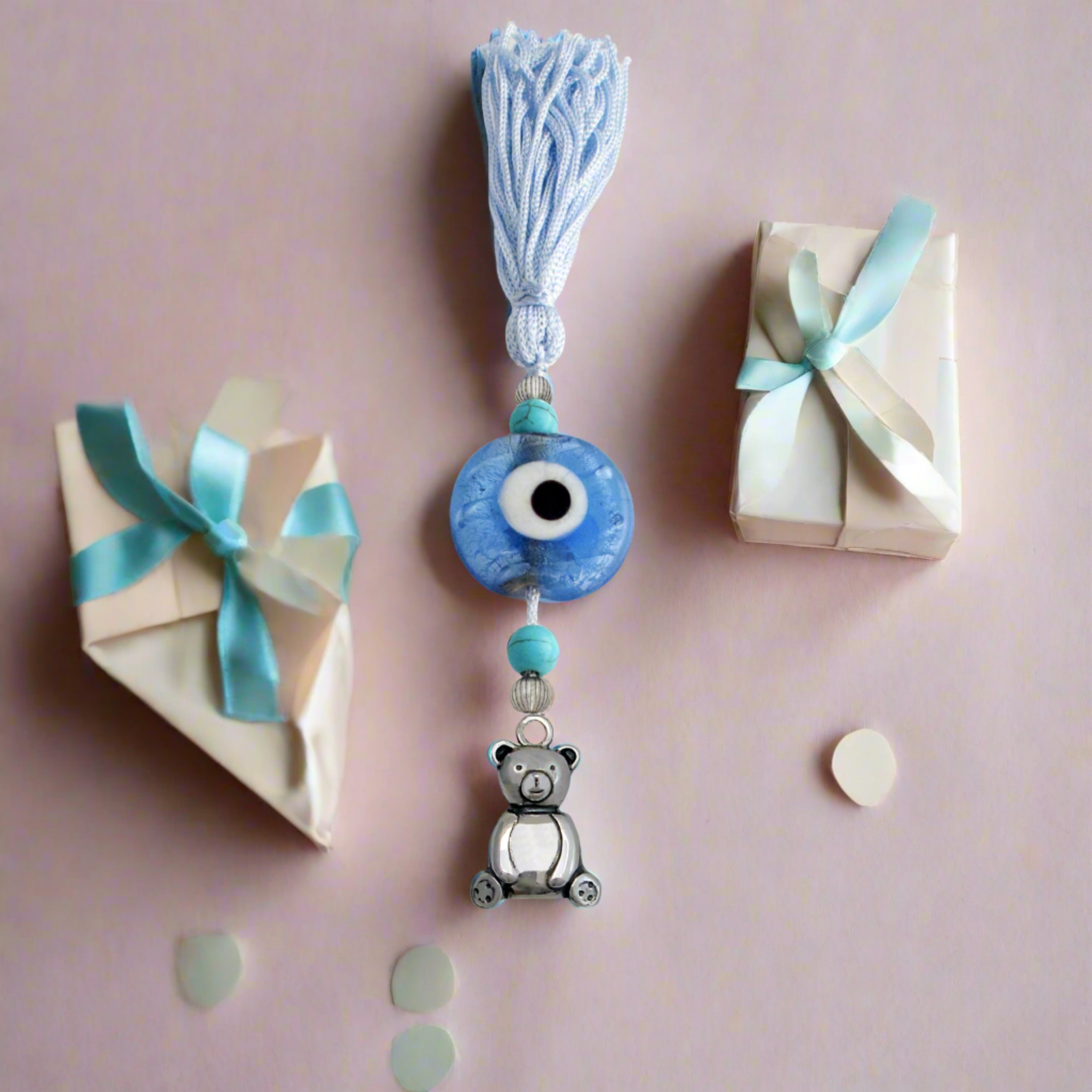 Evil Eye Charm on a tassel, House decoration, holiday decor, welcome gift, silver charm, Baby bear Charm