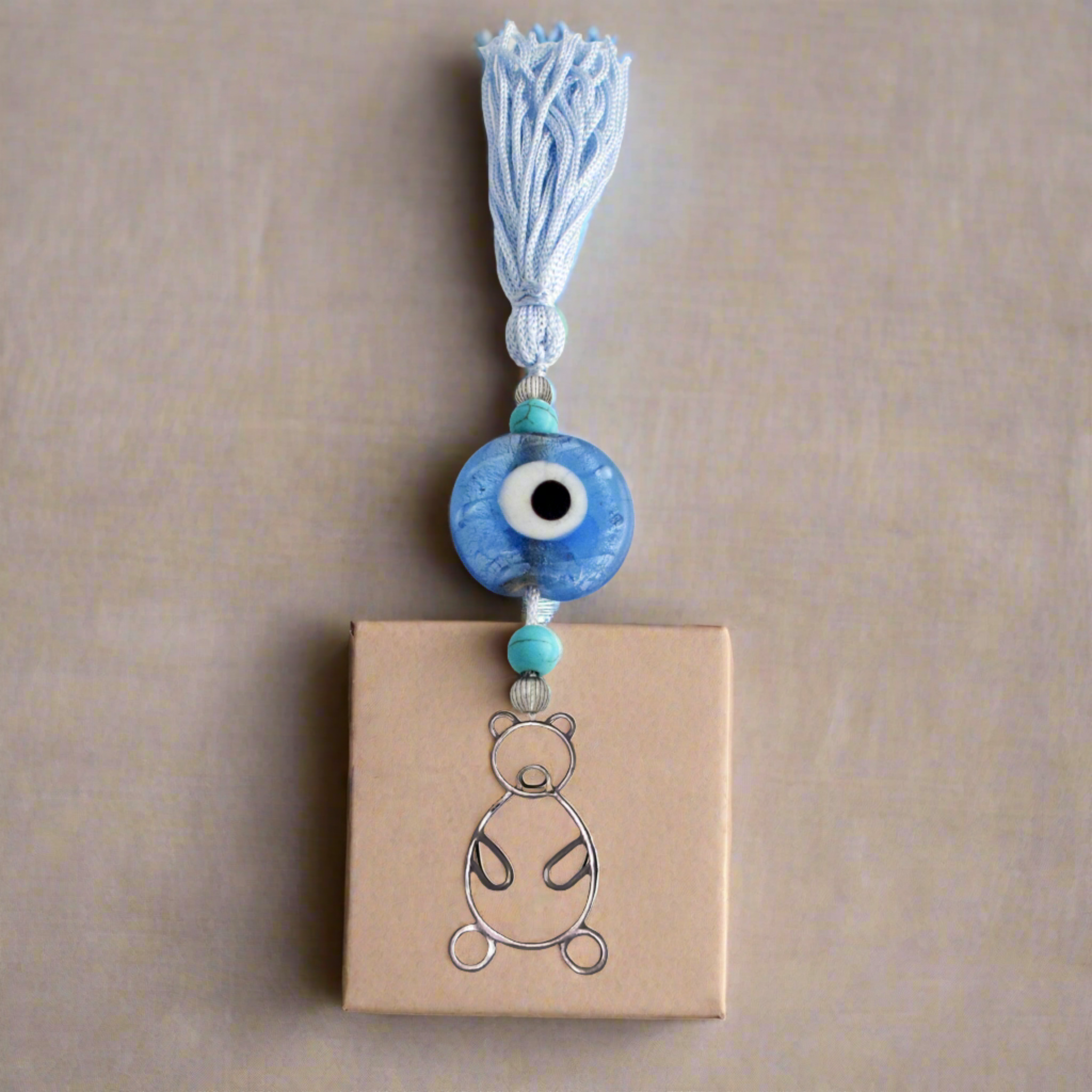 Evil Eye Charm on a tassel, House decoration, holiday decor, welcome gift, silver charm, Baby bear Charm