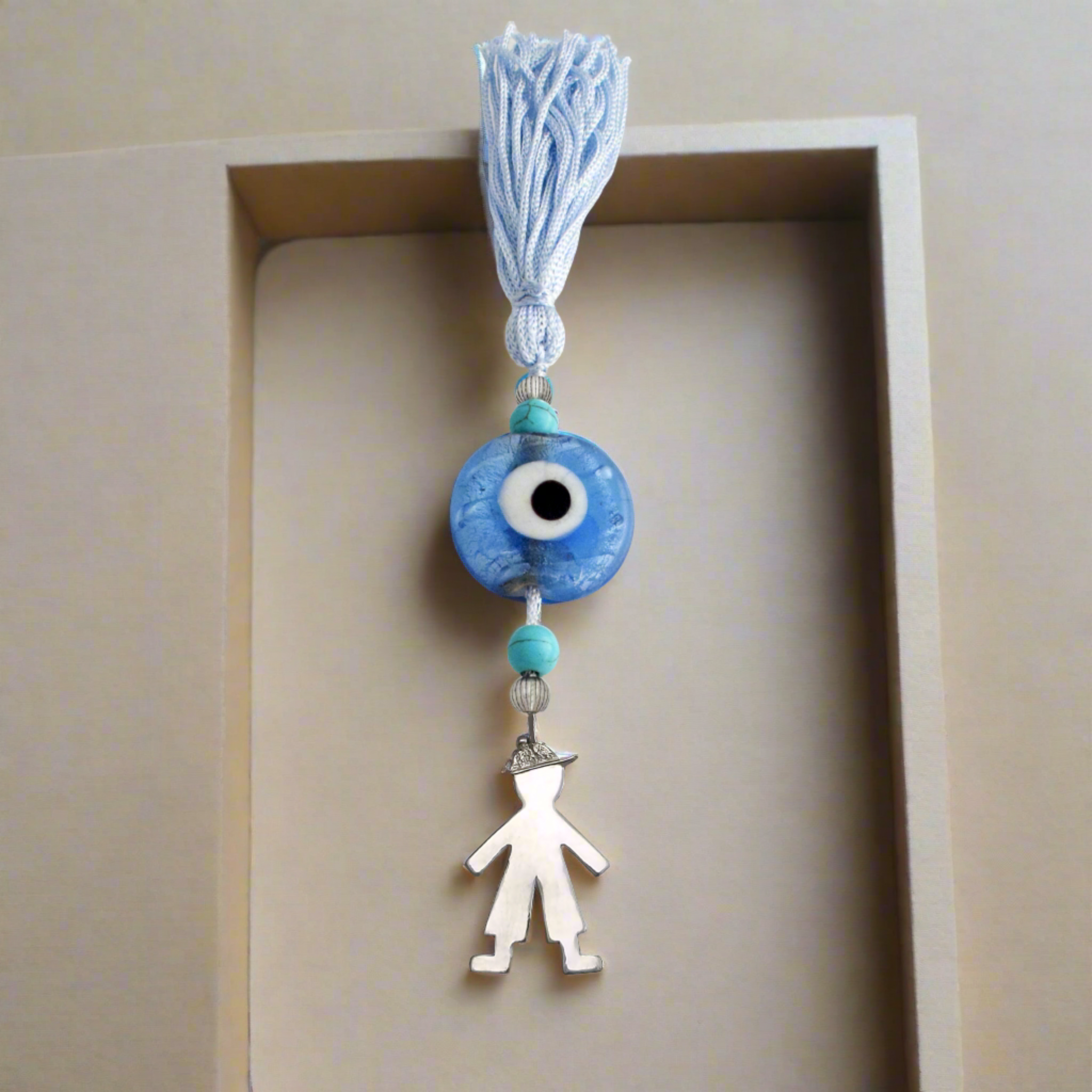 Evil Eye Charm on a tassel, House decoration, holiday decor, welcome gift, silver charm, Baby boy Charm