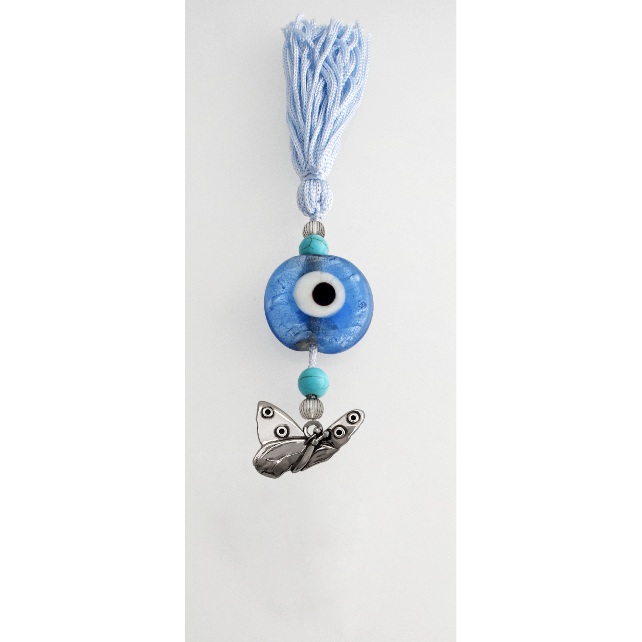 Evil Eye Charm on a tassel, House decoration, holiday decor, welcome gift, silver charm, Butterfly Charm