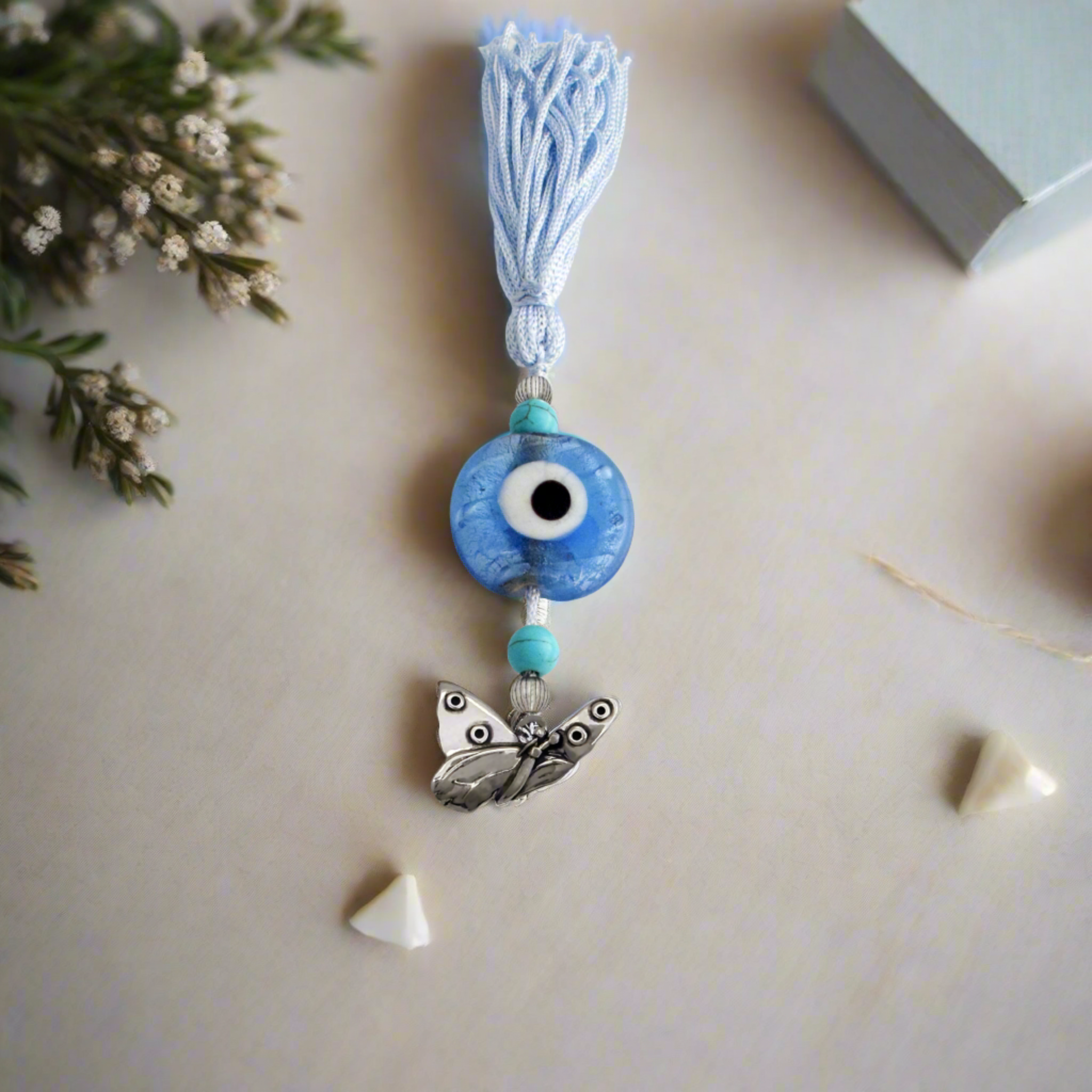 Evil Eye Charm on a tassel, House decoration, holiday decor, welcome gift, silver charm, Butterfly Charm