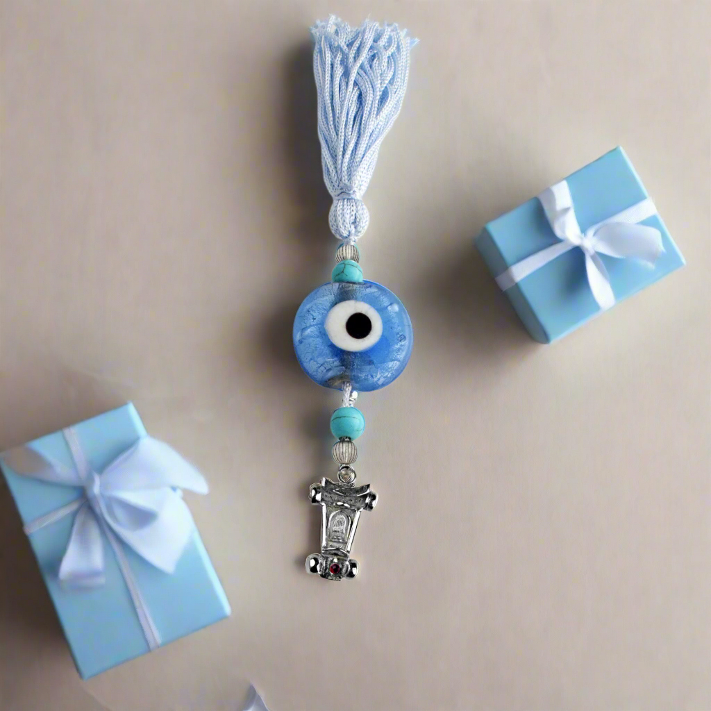 Evil Eye Charm on a tassel, House decoration, holiday decor, welcome gift, silver charm, Car Charm