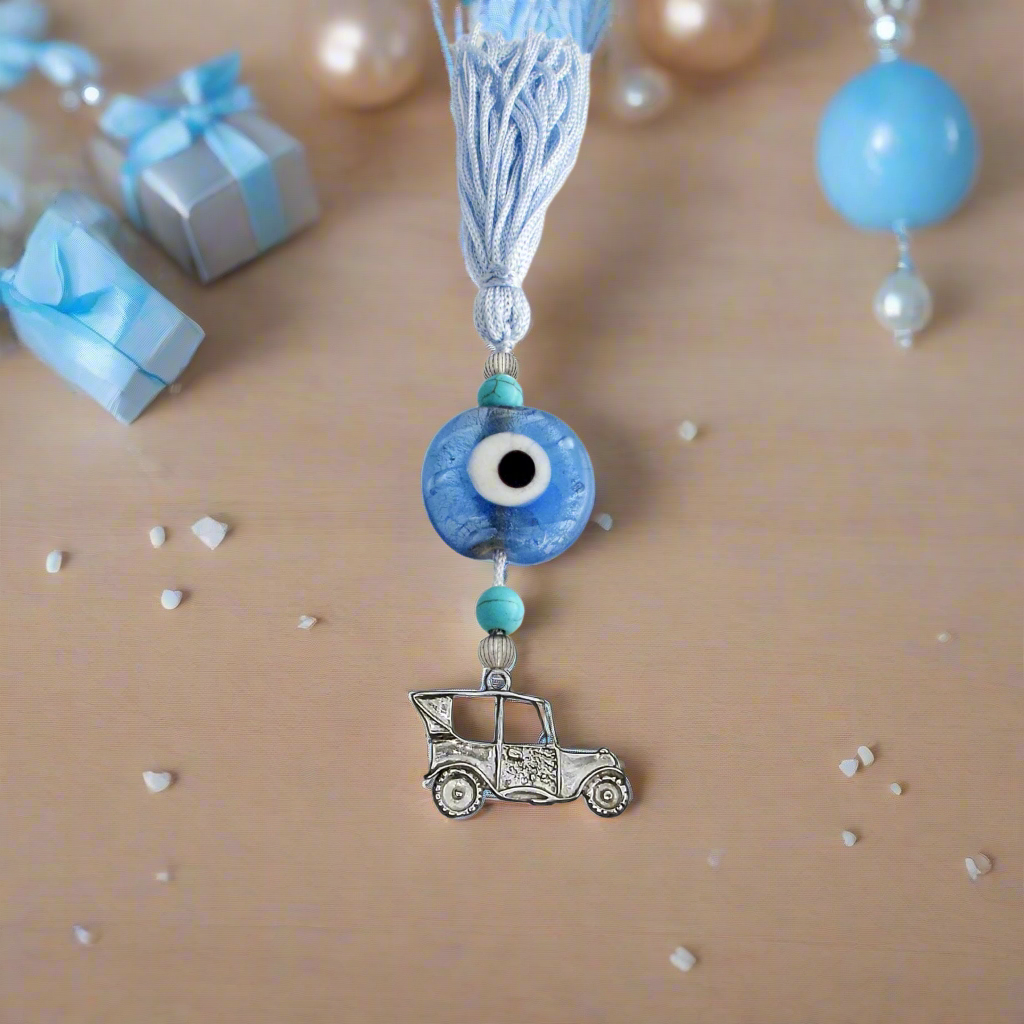 Evil Eye Charm on a tassel, House decoration, holiday decor, welcome gift, silver charm, Car Charm