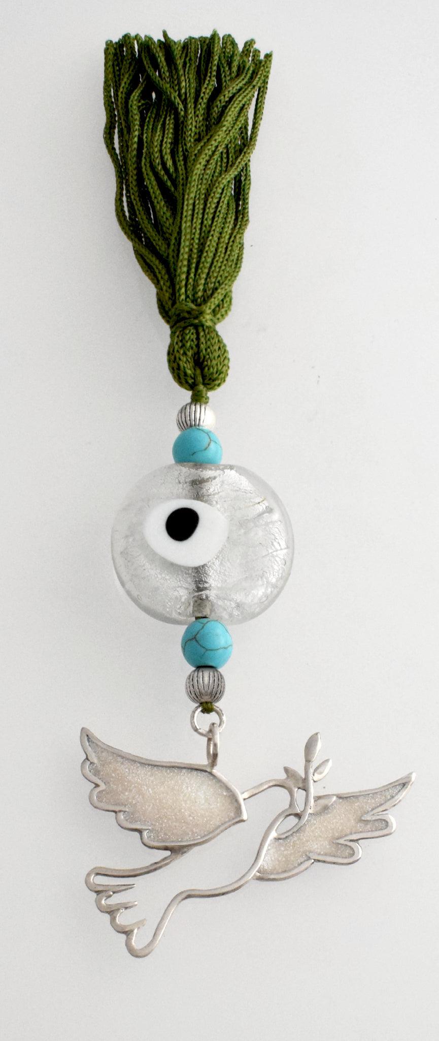 Evil Eye Charm on a tassel, House decoration, holiday decor, welcome gift, silver charm, Dove Charm