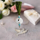 Evil Eye Charm on a tassel, House decoration, holiday decor, welcome gift, silver charm, Dove Charm