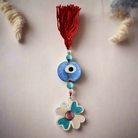 Evil Eye Charm on a tassel, House decoration, holiday decor, welcome gift, silver charm, Four leaf clover charm (GK-32)