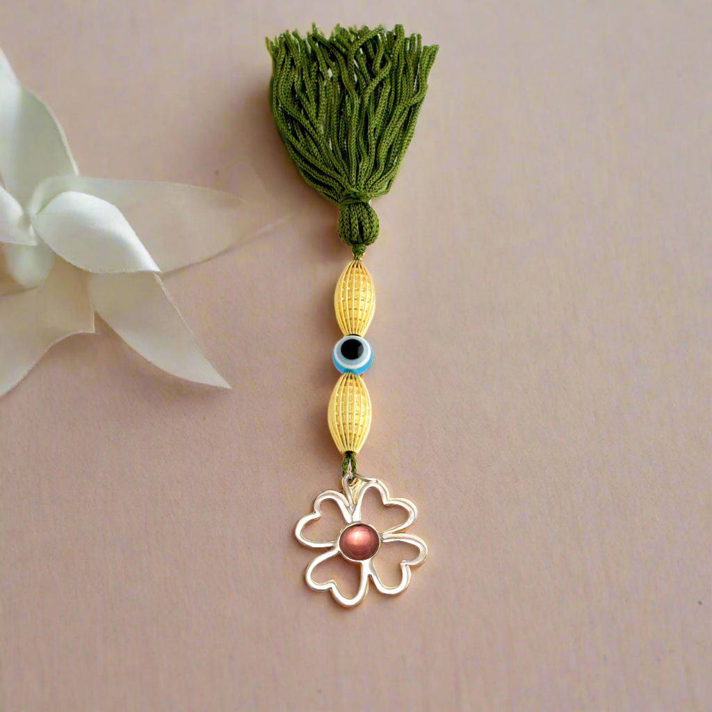 Evil Eye Charm on a tassel, House decoration, holiday decor, welcome gift, silver charm, Four leaf clover charm