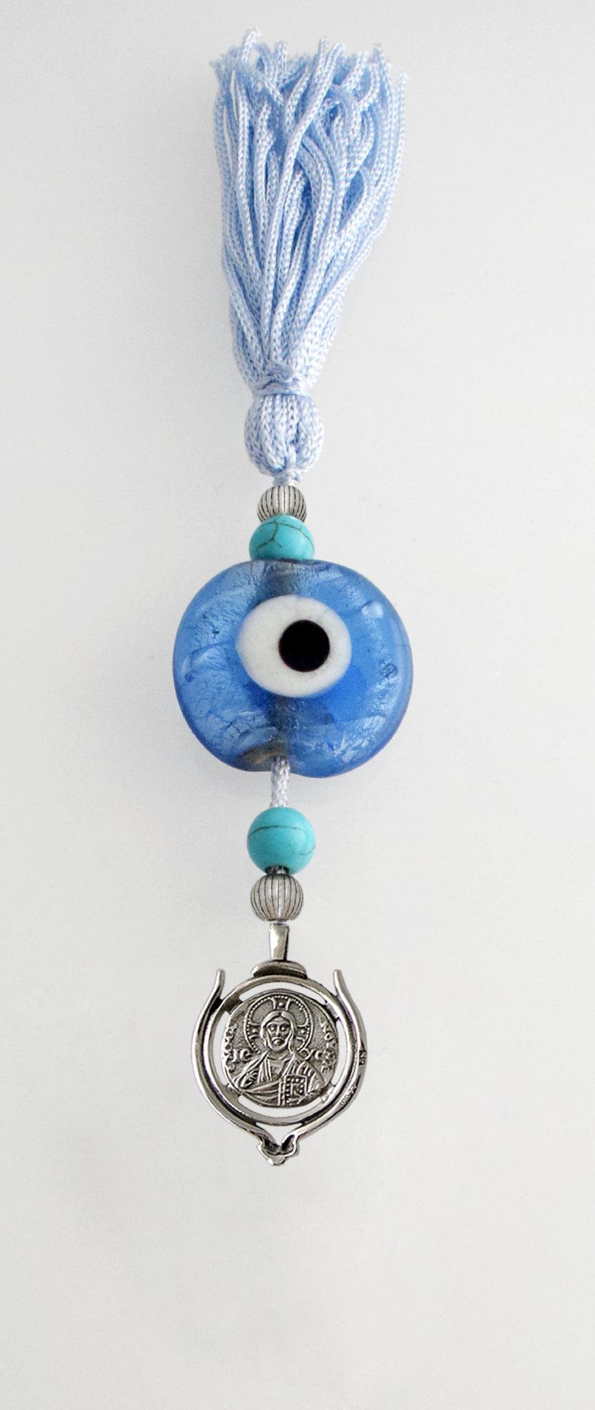 Evil Eye Charm on a tassel, House decoration, holiday decor, welcome gift, silver charm, Jesus Christ Charm