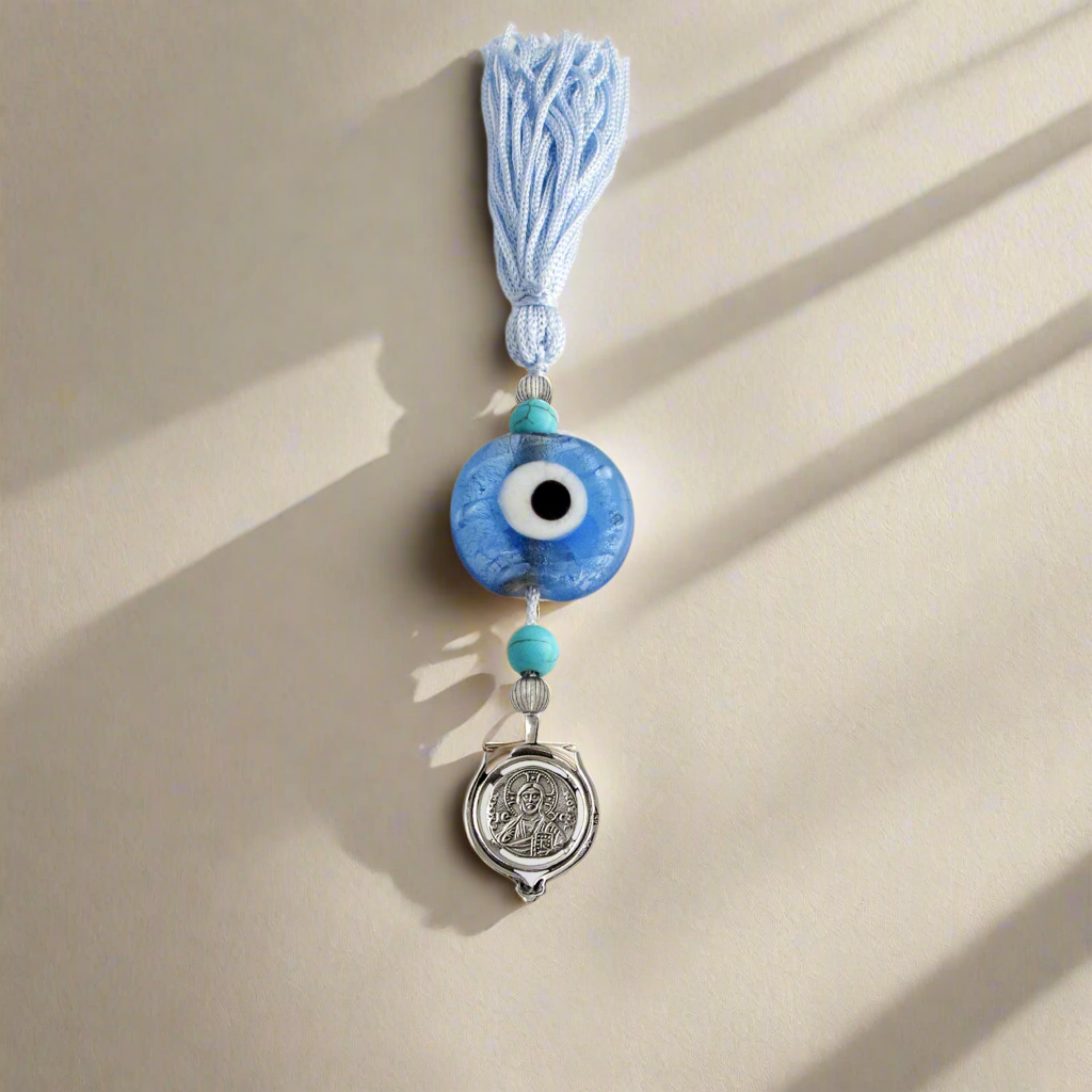 Evil Eye Charm on a tassel, House decoration, holiday decor, welcome gift, silver charm, Jesus Christ Charm