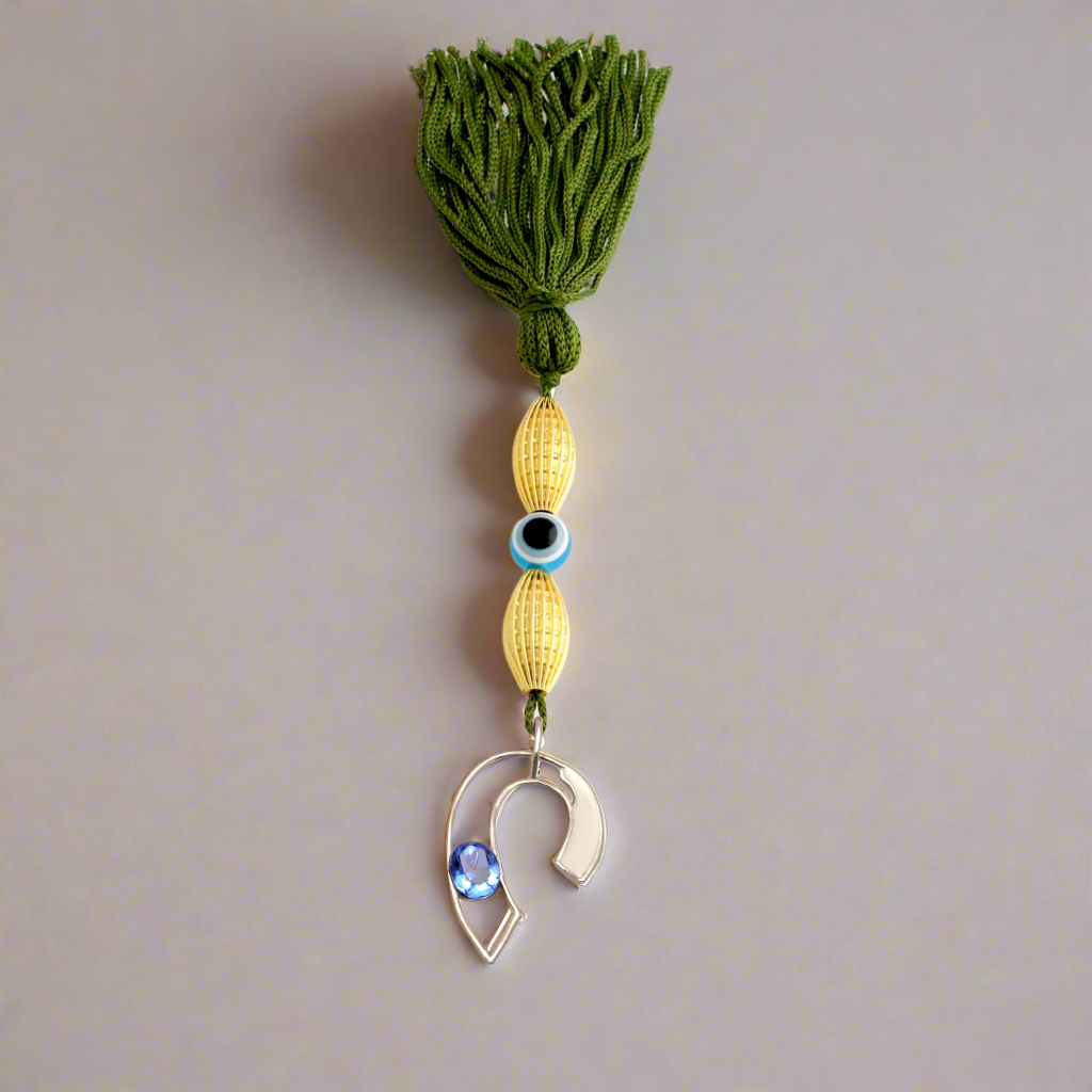 Evil Eye Charm on a tassel, House decoration, holiday decor, welcome gift, silver charm, Lucky petal Charm