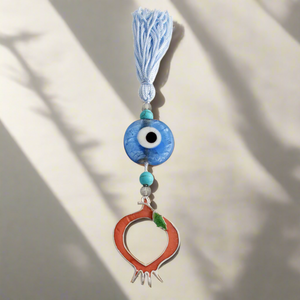 Evil Eye Charm on a tassel, House decoration, holiday decor, welcome gift, silver charm, Pomegranate Charm (GK-20)