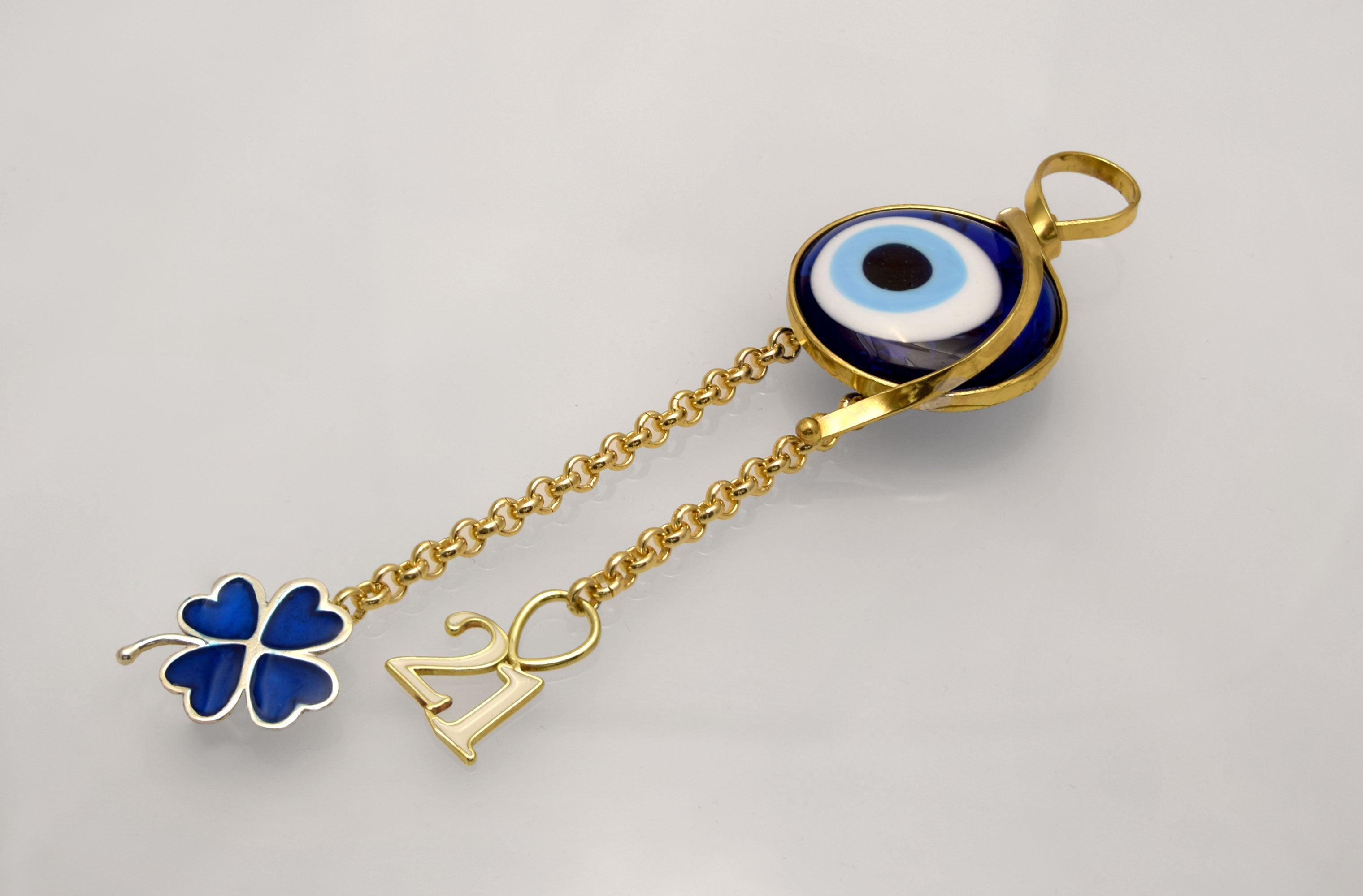 Evil eye protection stone with silver charm, Evil Eye Charm, home décor, gift, Wall Decor, silver charm, Clover Charm