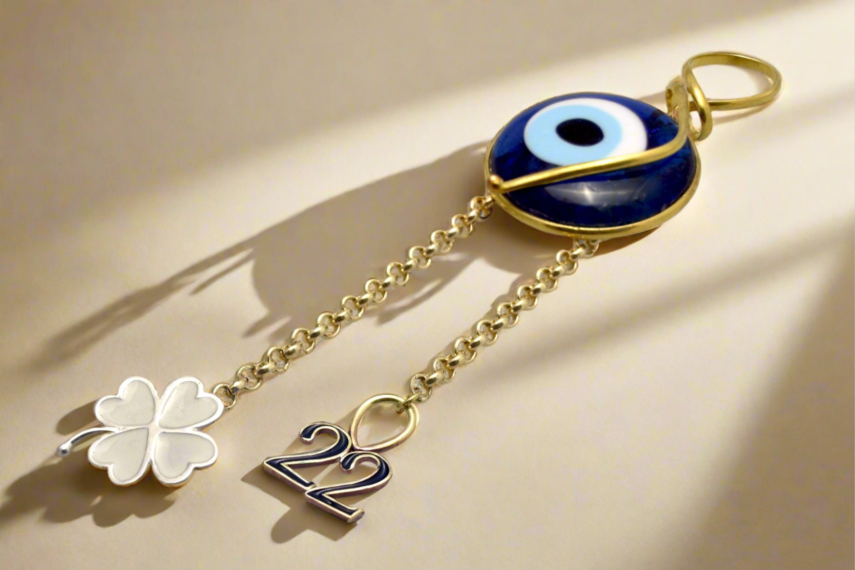 Evil eye protection stone with silver charm, Evil Eye Charm, home décor, gift, Wall Decor, silver charm, Clover Charm