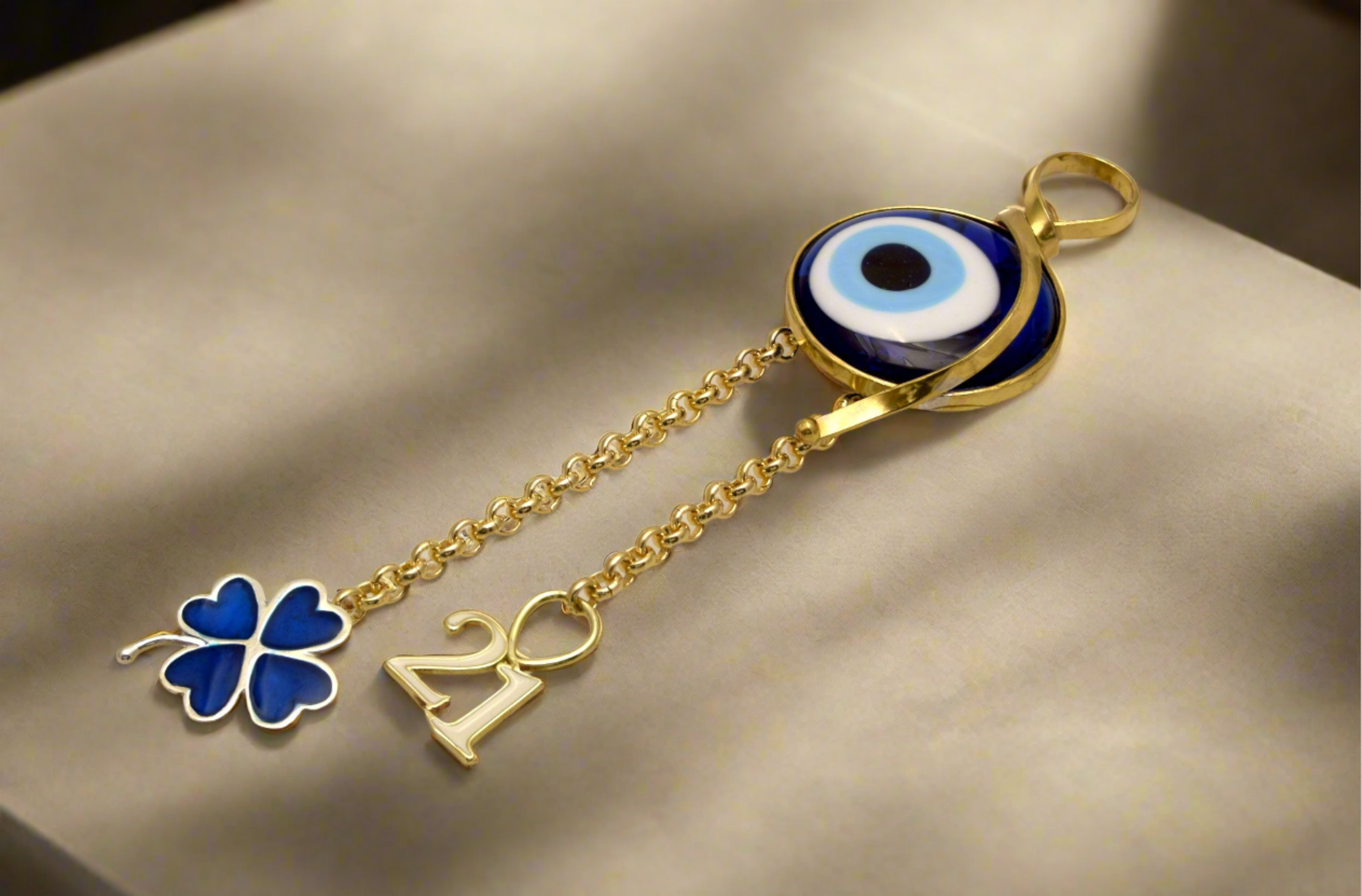 Evil eye protection stone with silver charm, Evil Eye Charm, home décor, gift, Wall Decor, silver charm, Clover Charm