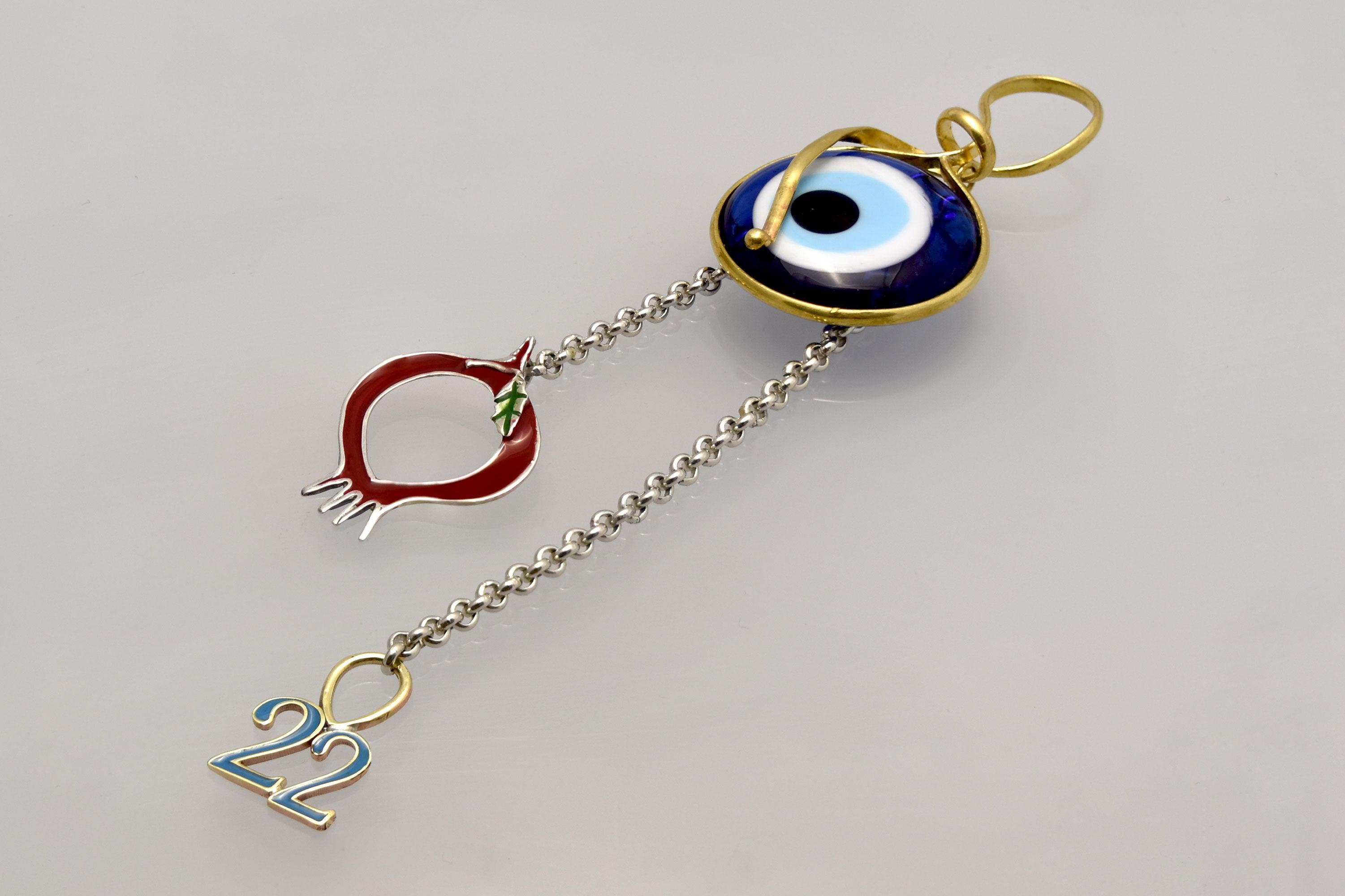 Evil eye protection stone with silver charm, Evil Eye Charm, home décor, gift, Wall Decor, silver charm, Pomegranate Charm (CH-63)