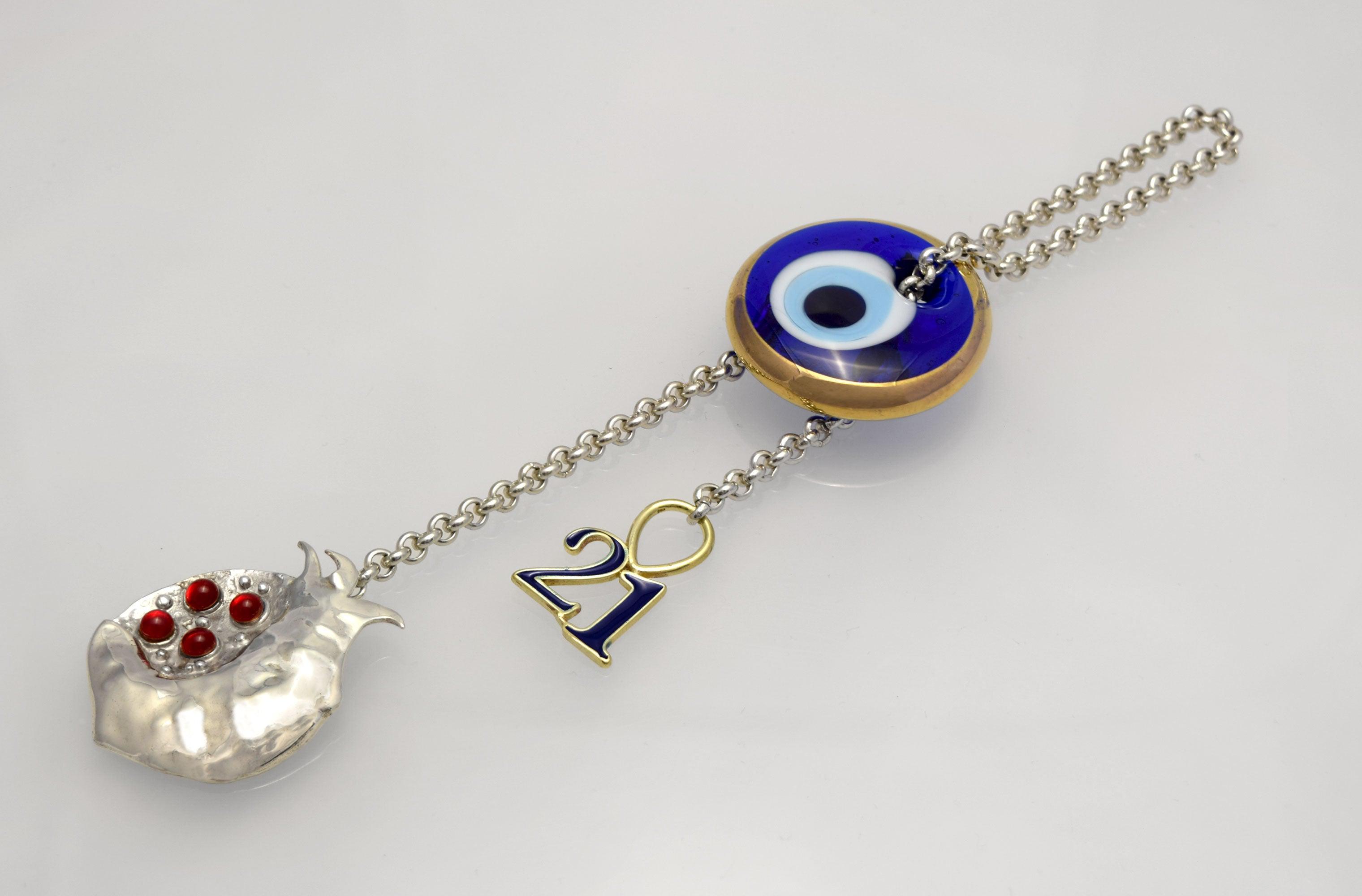 Evil eye protection stone with silver charm, Evil Eye Charm, home décor, gift, Wall Decor, silver charm, Pomegranate Charm (XG-19)