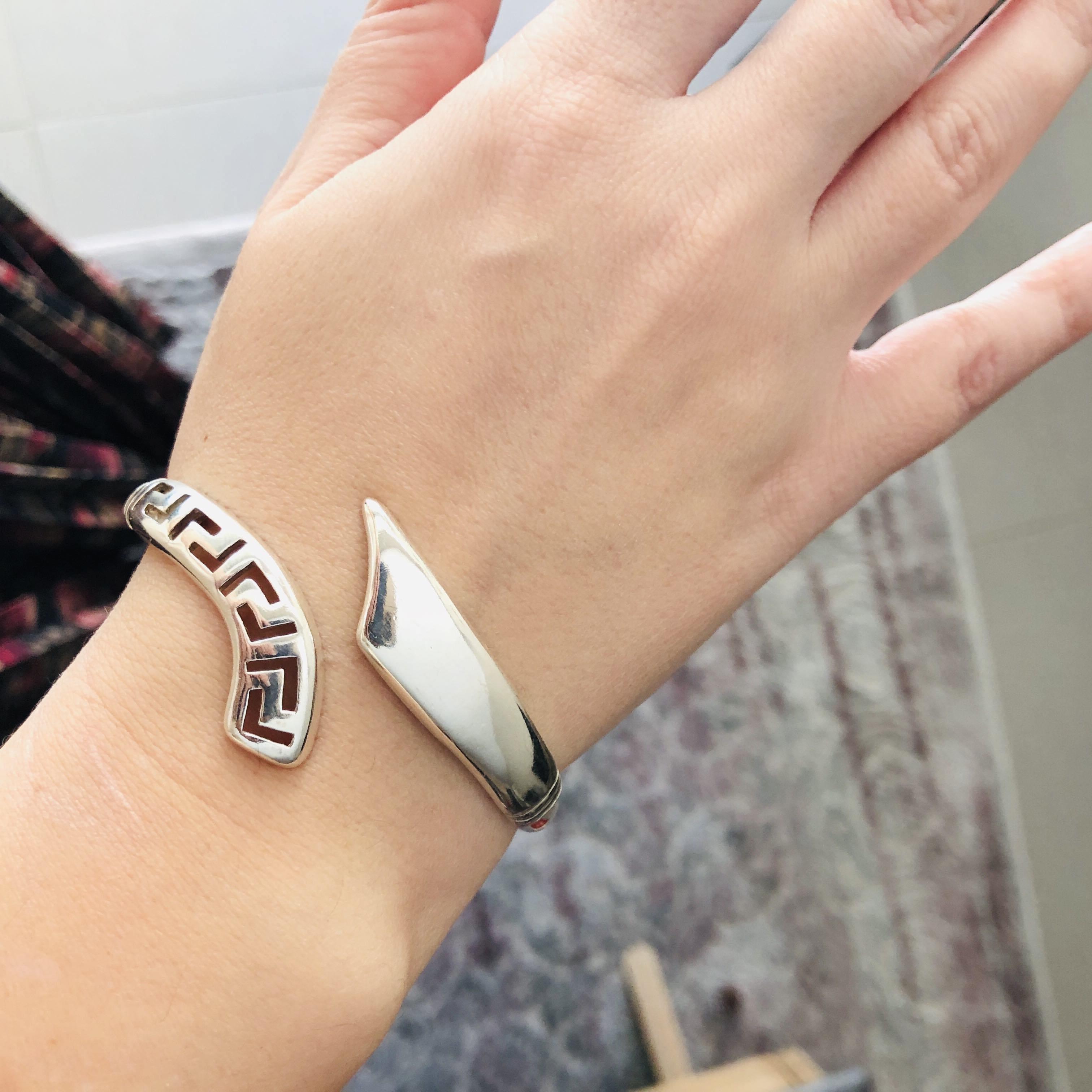 Greek Key Meander Bangle in Sterling Silver with zircon B 64 ELEFTHERIOU EL Greek Jewelry