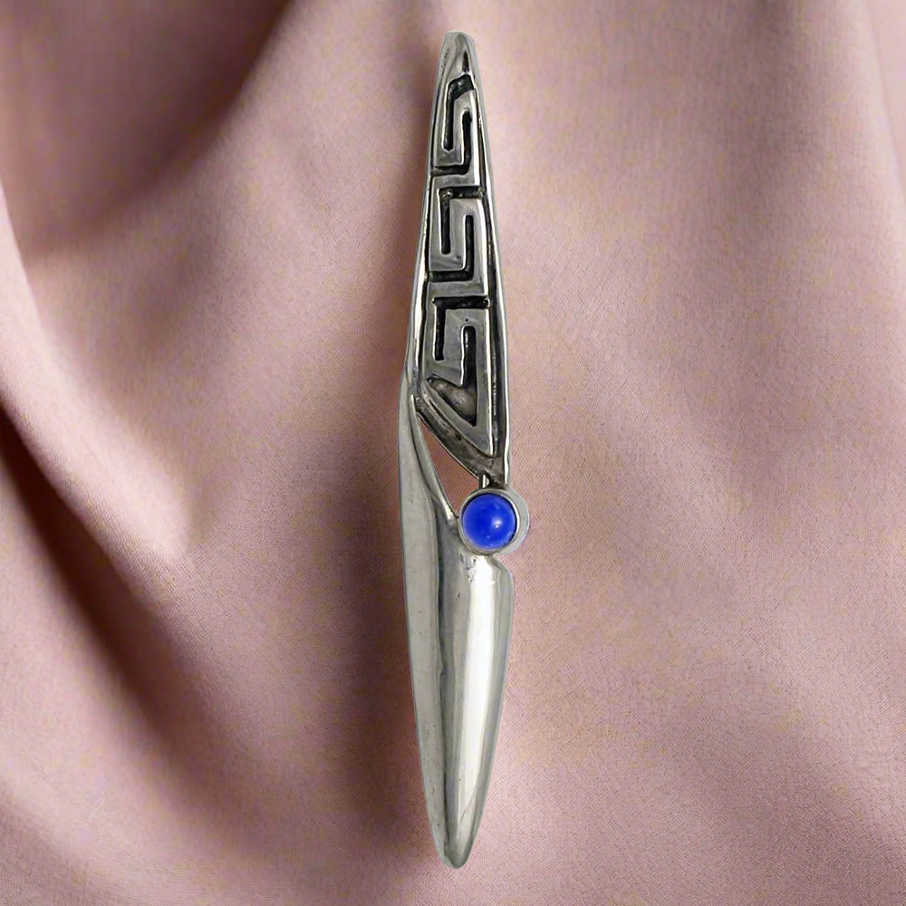 Greek Key Meander Brooch in Sterling Silver with a Lapis Lazuli (K-61)