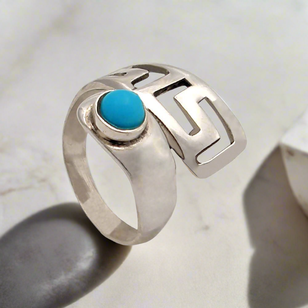 Greek Key Meander Ring in Sterling Silver with turquoise (DT-65)