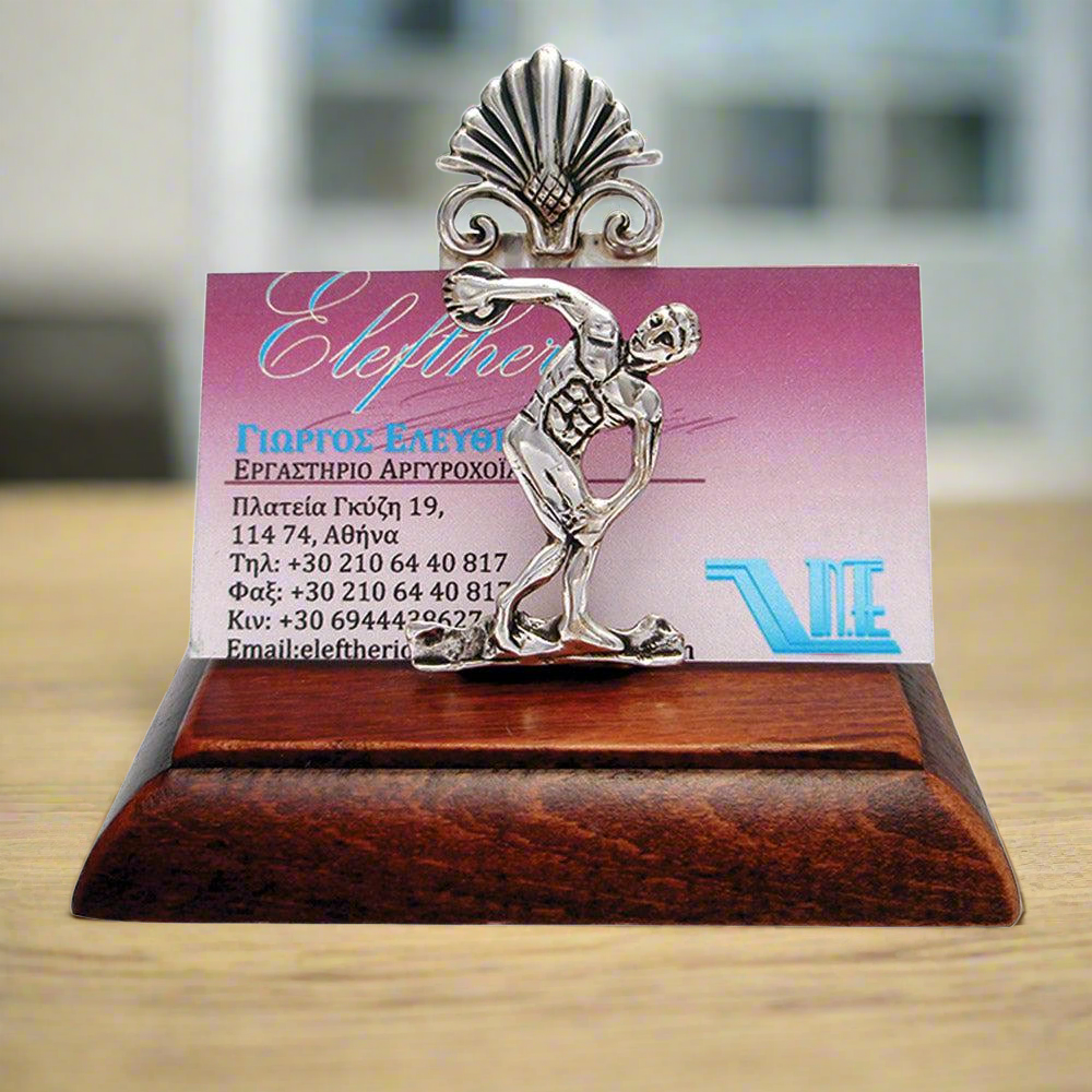 Greek Olympic Disk Thrower Desk business card holder display in sterling silver (A-25-9)