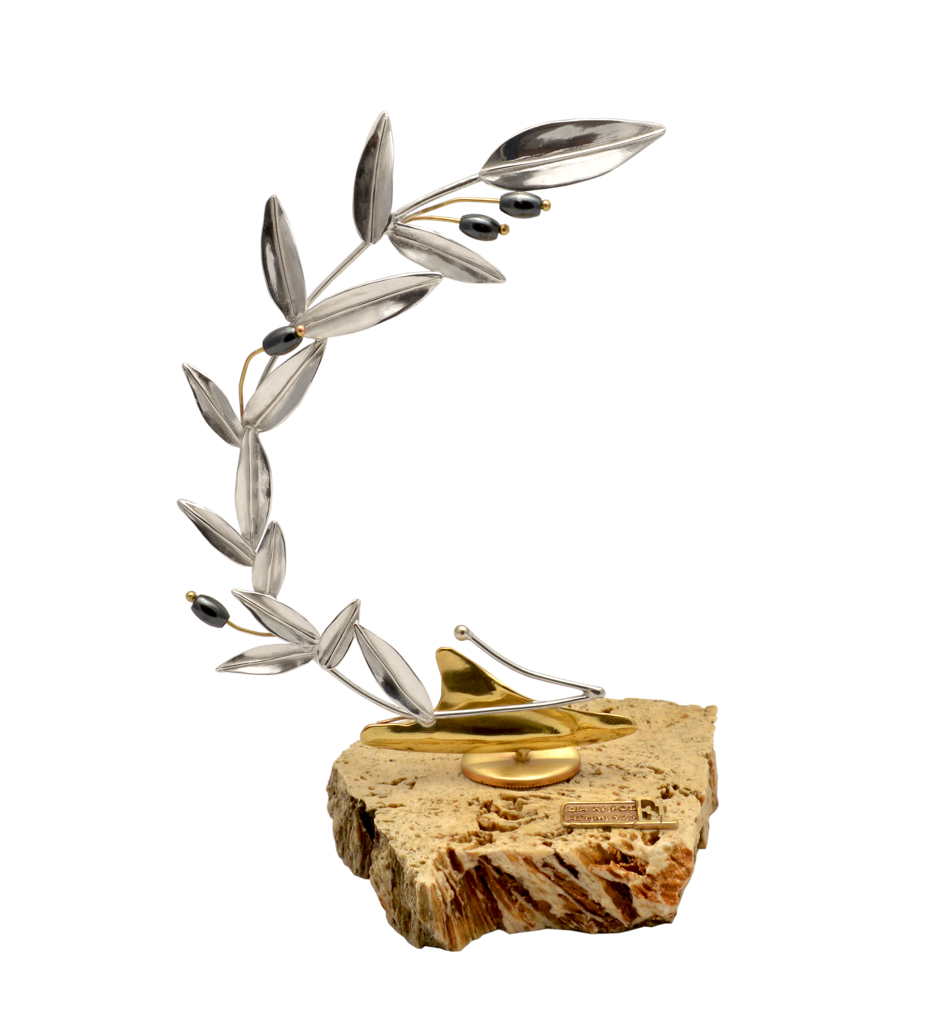 Greek Sterling Silver Olive leaf Wreath on limestone (A-47-2)