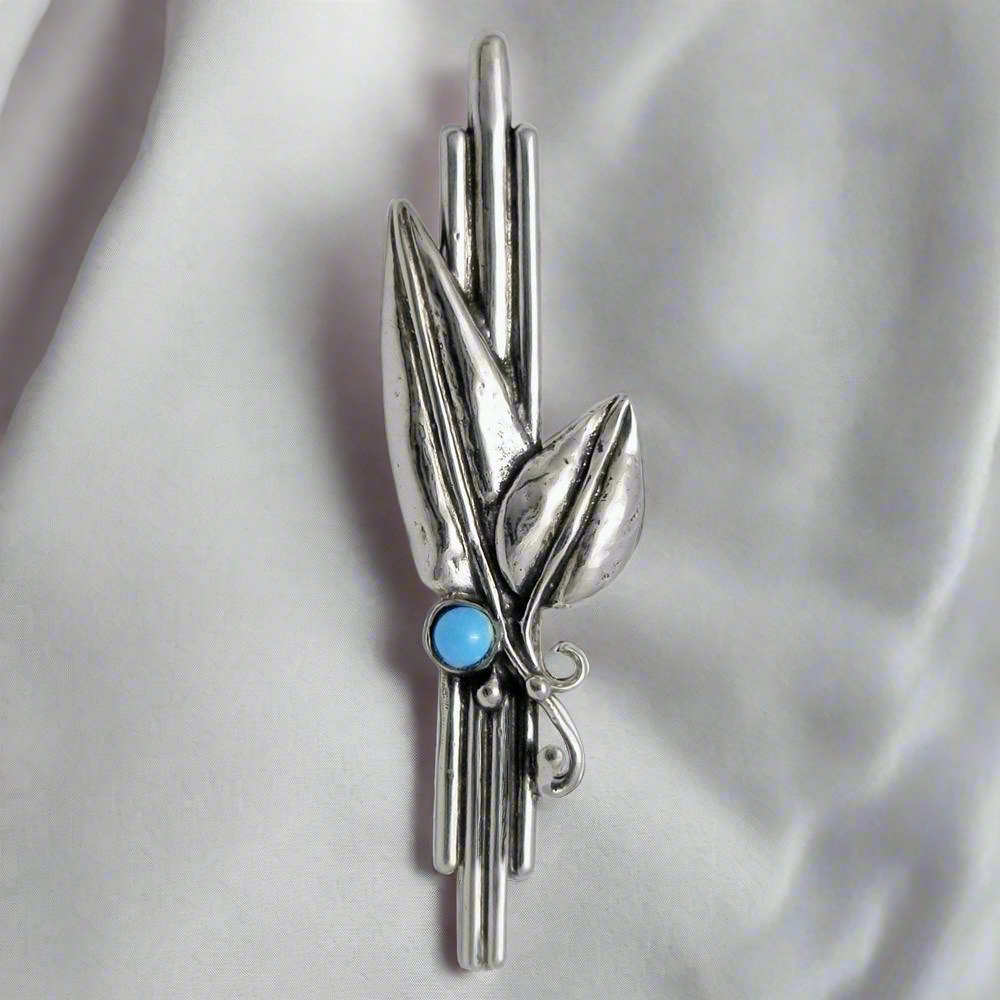 Greek Traditional Olive Leaf Brooch in Sterling silver with turquoise (K-30)