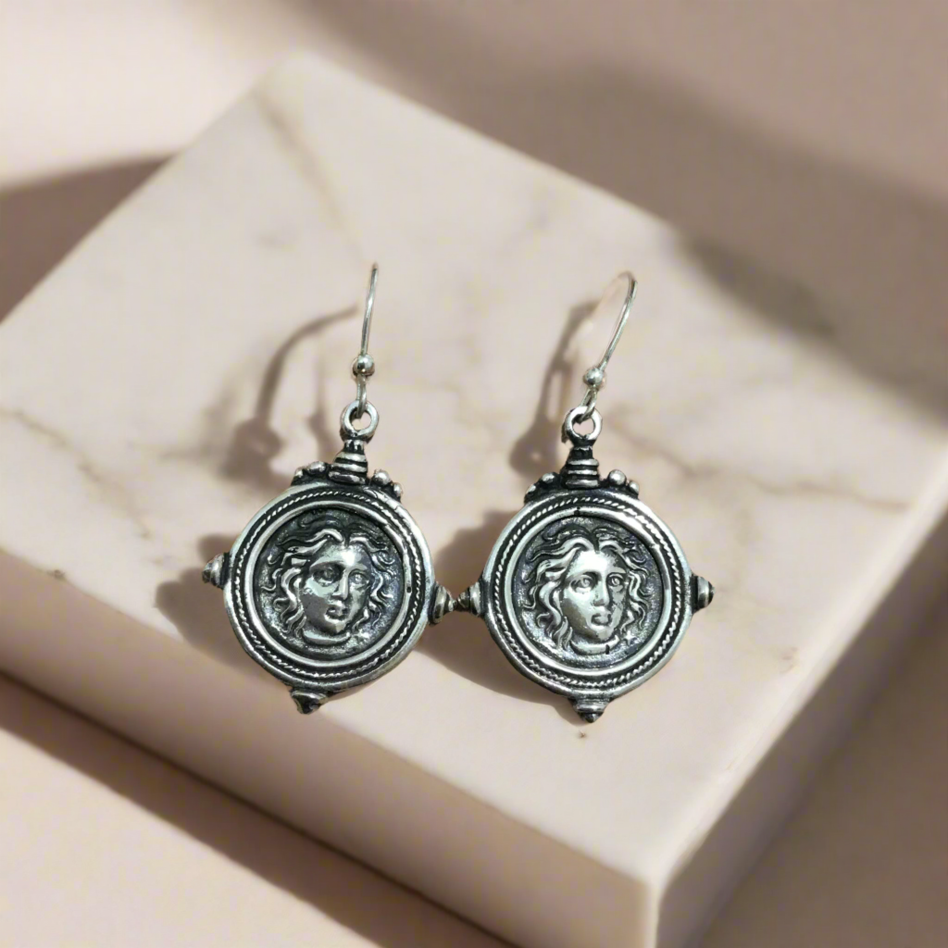 Helios ancient sun god and rose earrings, Ancient Coinage of Rhodes, Sterling silver earrings, handmade earrings (AG-07)