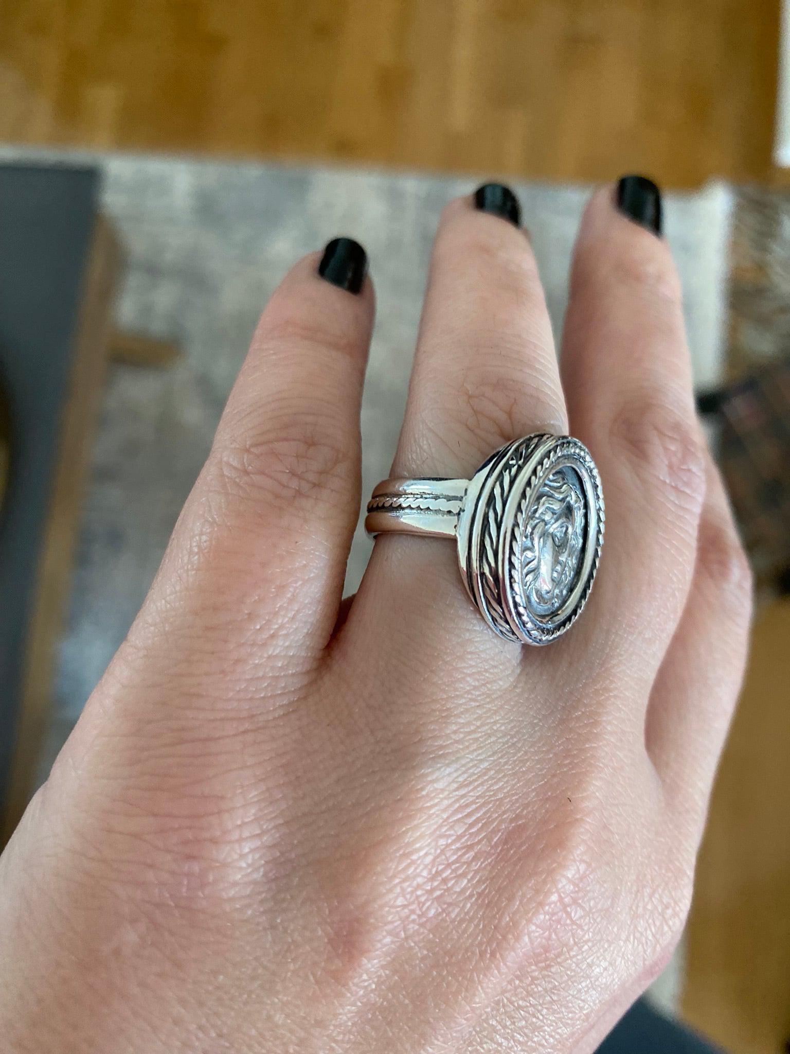 Helios ancient sun god and rose ring, Ancient Coinage of Rhodes, Art Nouveau Ring, Sterling silver Ring (DT-104)