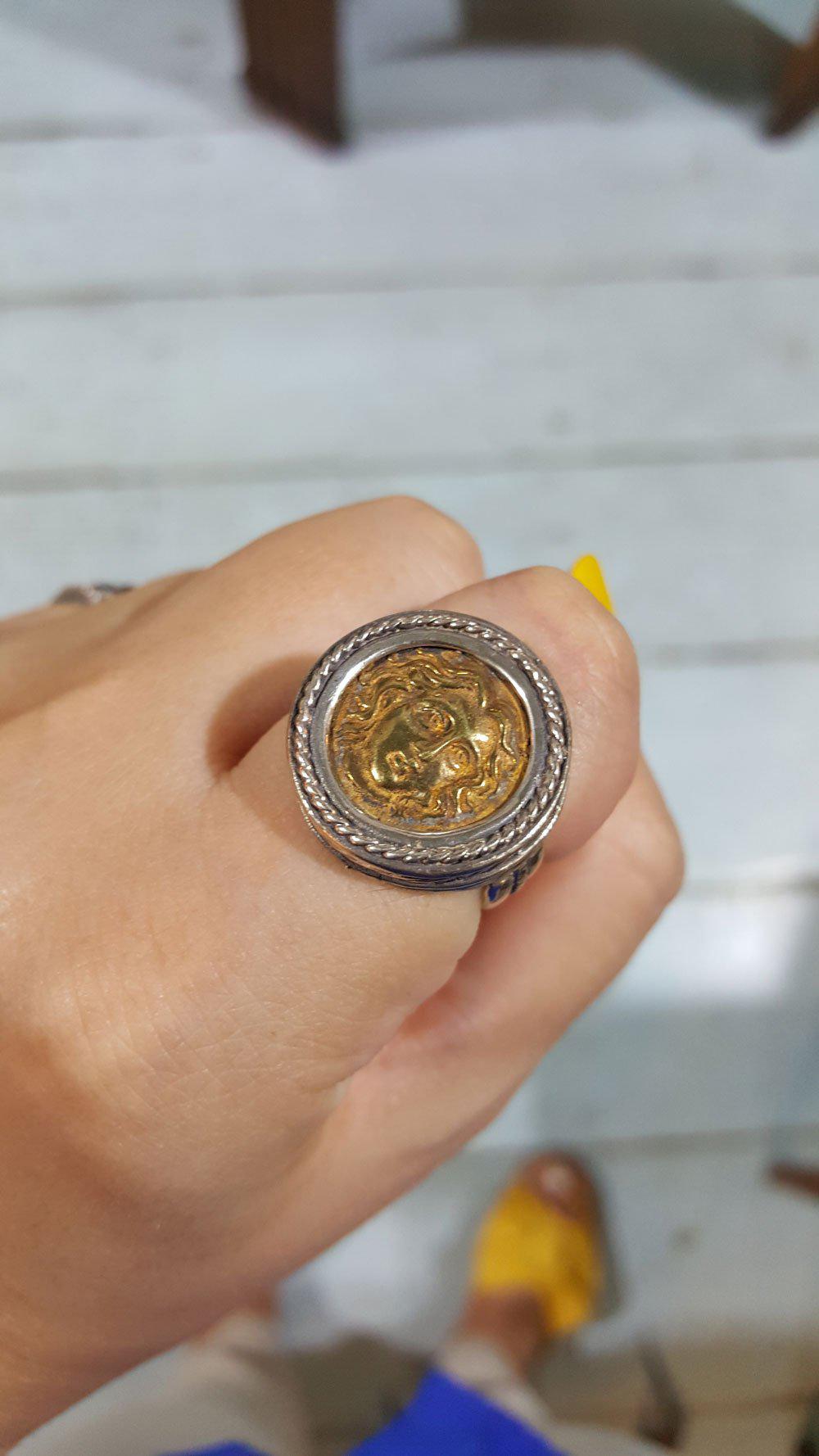 Helios ancient sun god and rose ring, Ancient Coinage of Rhodes, Art Nouveau Ring, Sterling silver Ring (DT-104)