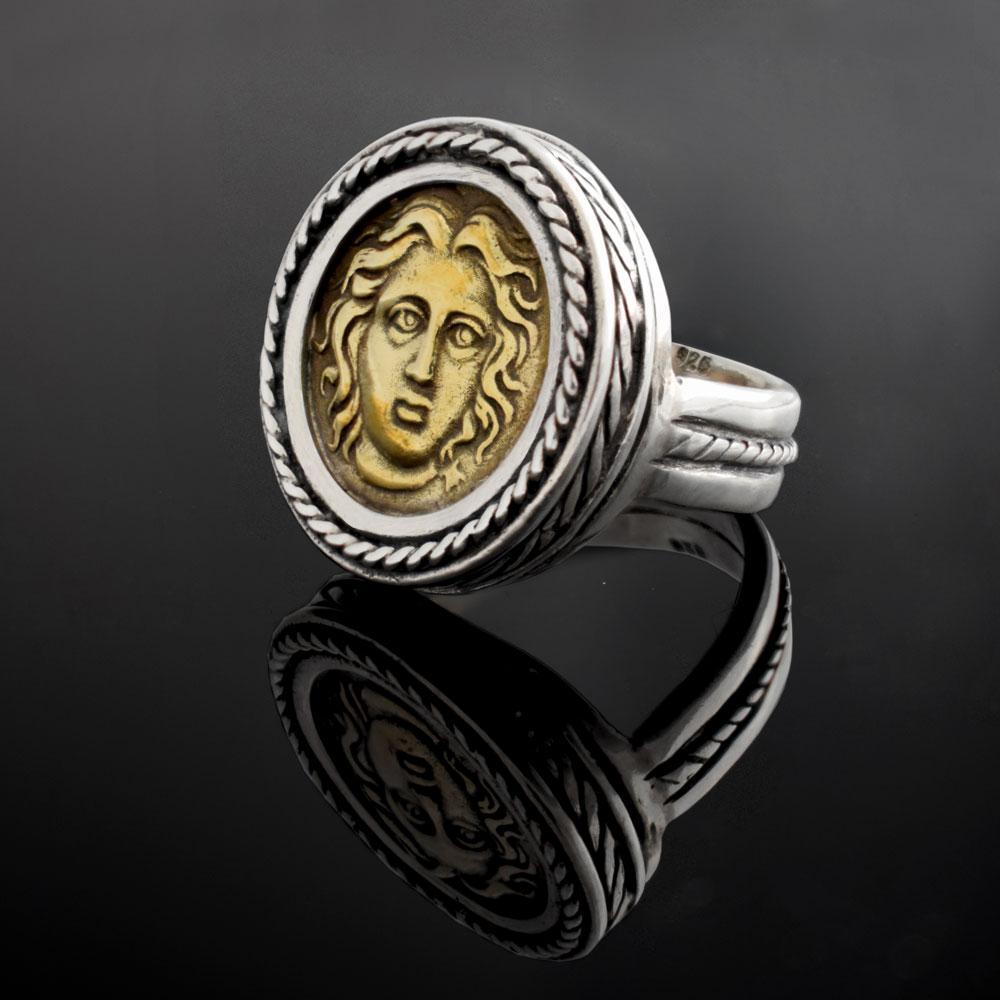 Helios ancient sun god and rose ring, Ancient Coinage of Rhodes, Art Nouveau Ring, Sterling silver Ring (DT-104)