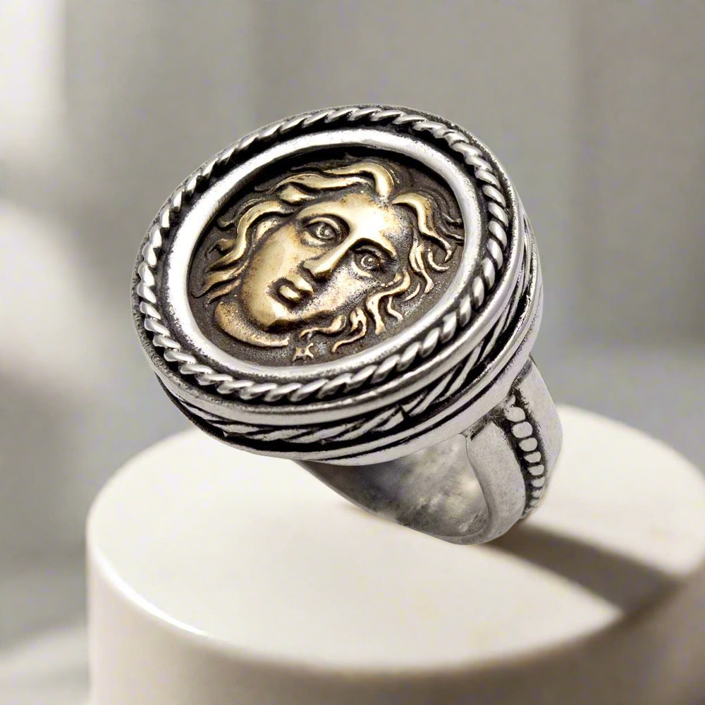 Helios ancient sun god and rose ring, Ancient Coinage of Rhodes, Art Nouveau Ring, Sterling silver Ring (DT-104)