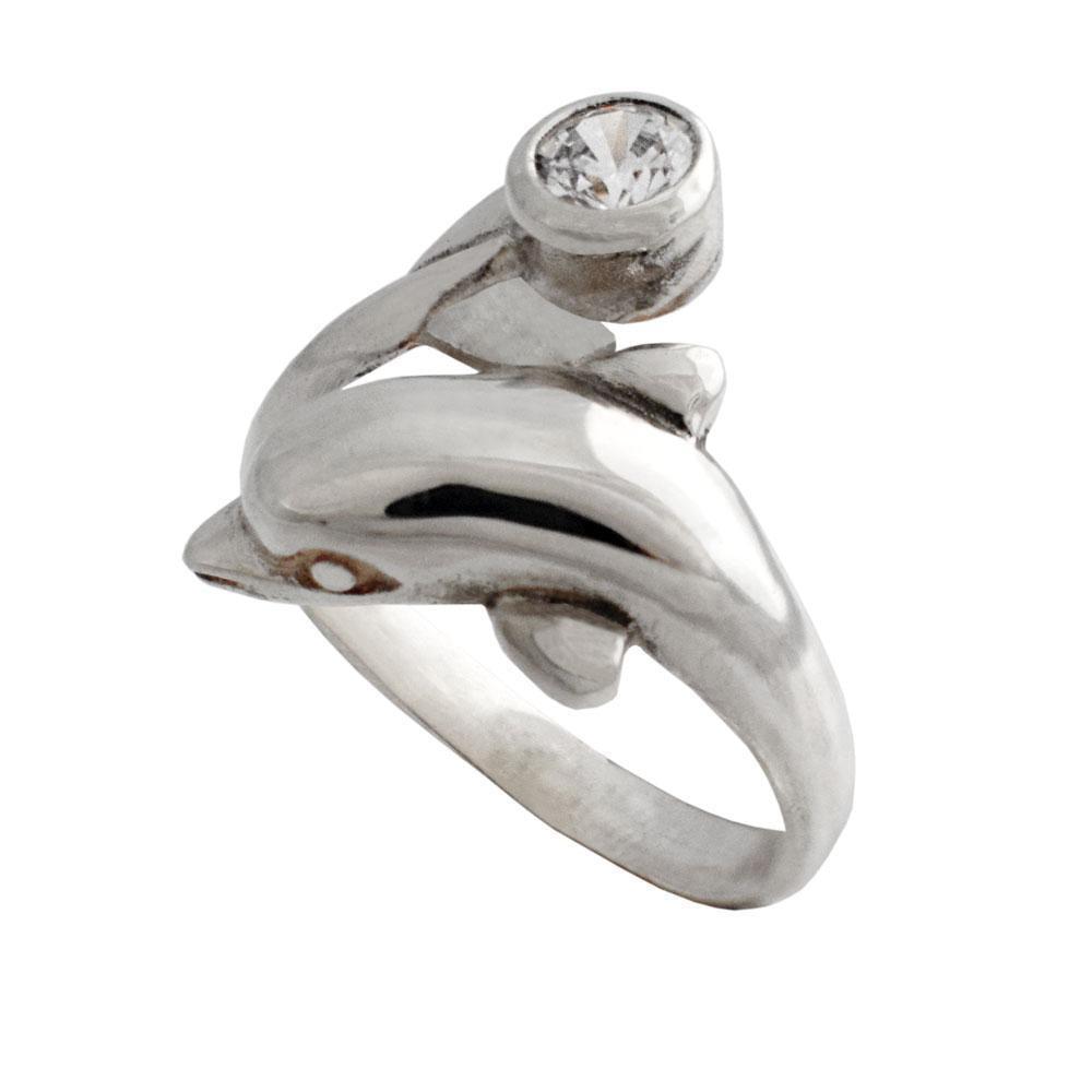 Minoan Dolphin Head and tail Ring in sterling silver with a zircon (DT-82)