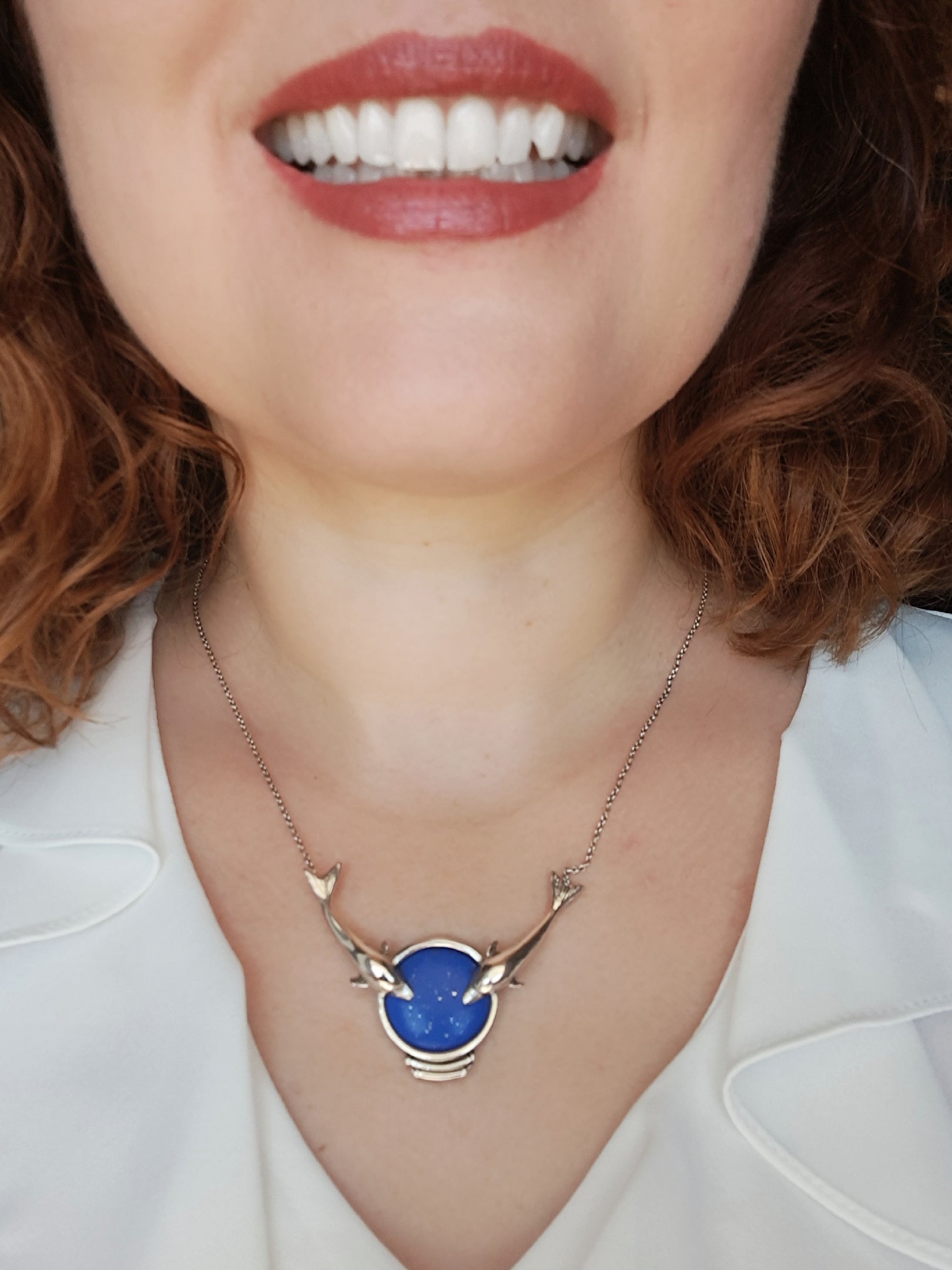 Minoan Dolphins Lapis Lazuli Sterling Silver Necklace (PE-14)