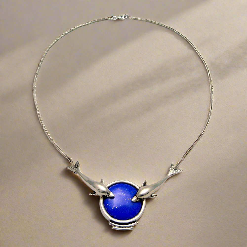 Minoan Dolphins Lapis Lazuli Sterling Silver Necklace (PE-14)