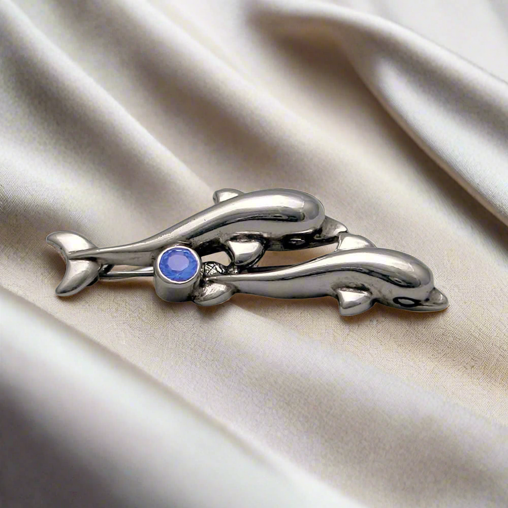 Minoan Zircon Dolphins Brooch in sterling silver with zircon (K-67)