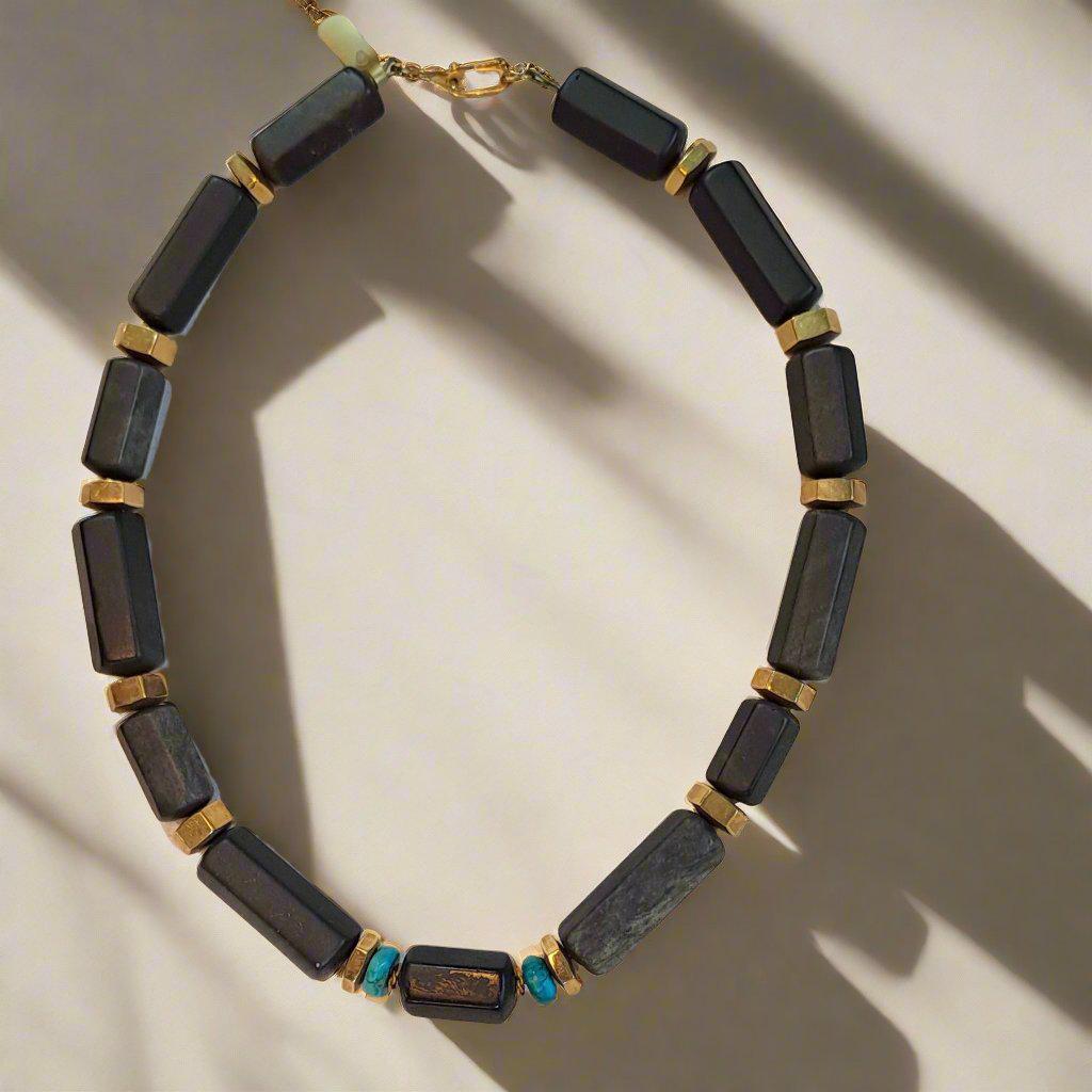 Necklace in 18k gold with Black Obsidian and Turquoise stones