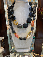 Necklace with Black Obsidian, Carnelian, Coral with Diamonds and 18k gold elements