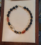 Necklace with Black Obsidian, Carnelian, Coral with Diamonds and 18k gold elements