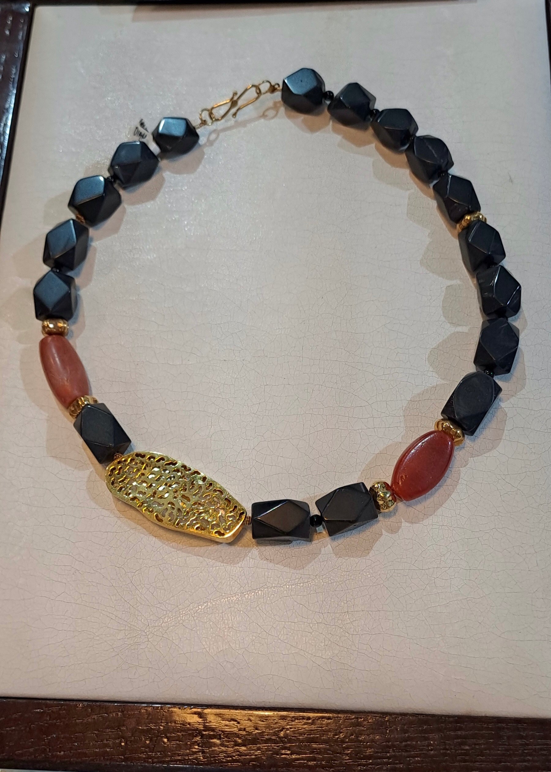 Necklace with Black Obsidian, Carnelian, Coral with Diamonds and 18k gold elements